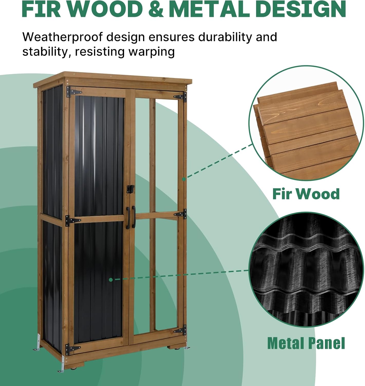 Outdoor Storage Cabinet, Wood & Metal Tall Tool Shed with Weather-Resistant Roof, Double Lockable Doors, 3 Removable Shelves & Adjustable Feet, for Patio, Garden, Backyard, 32" x 15.5" x 66"