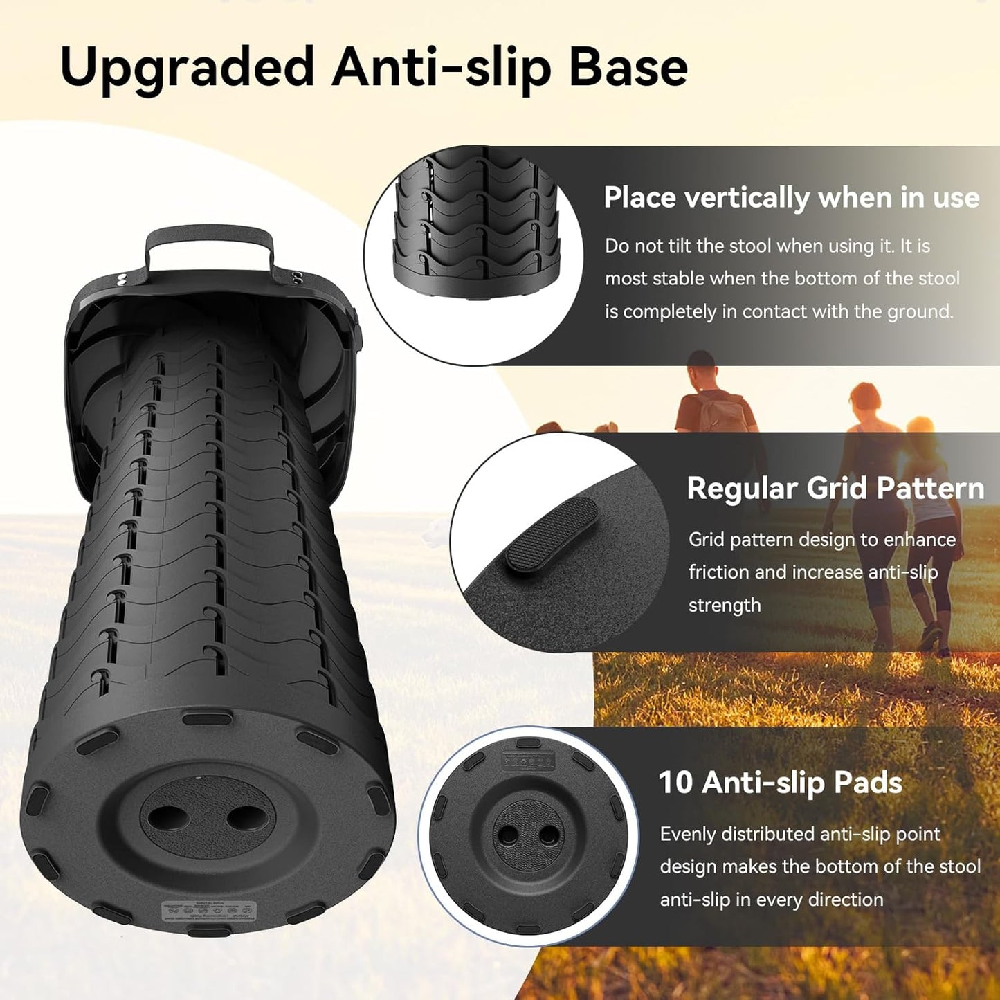 2025 Upgraded Portable Folding Stool, Collapsible Stool, Telescoping Camping Stool with Max Load Capacity 485lbs, Square Retractable Seat for Camping Gardening Fishing Hiking BBQ[Black]