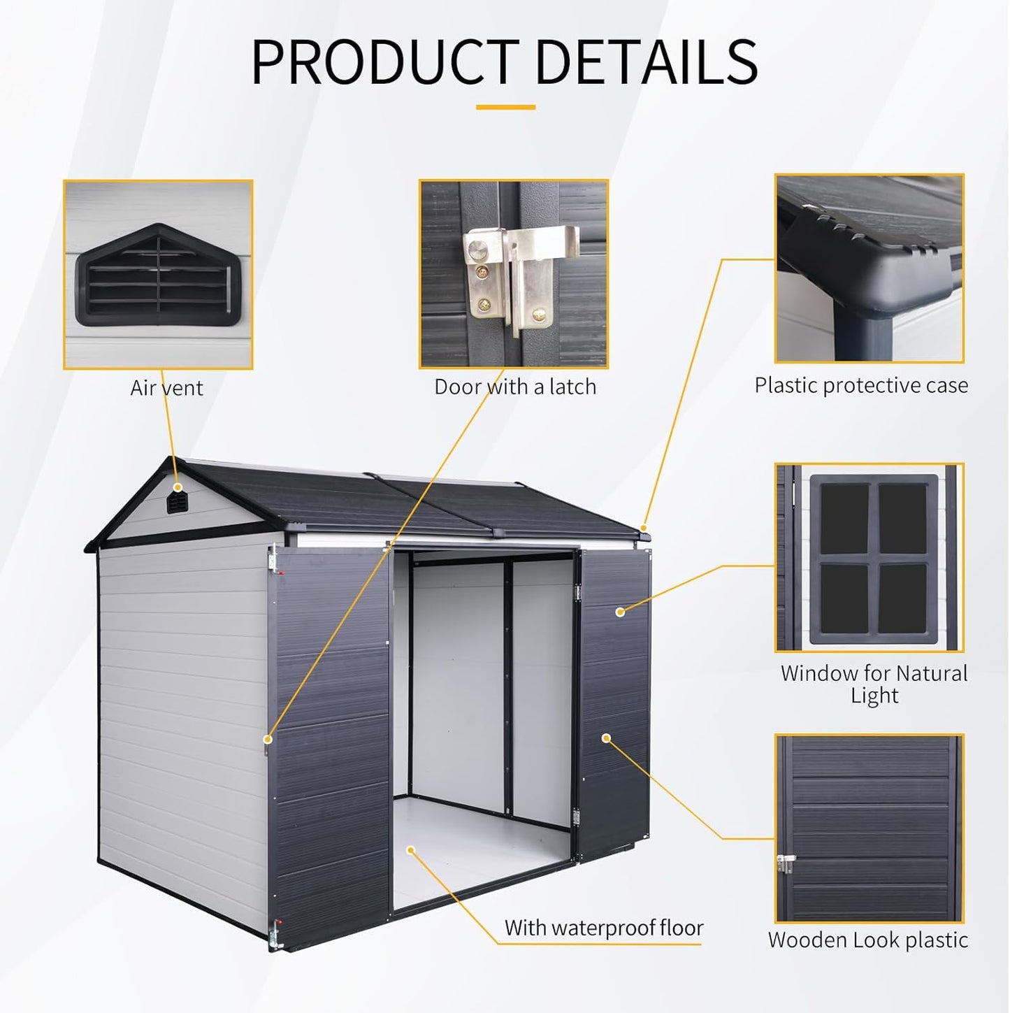 8x6 ft Outdoor Resin Storage Shed with Floor, Waterproof Plastic Garden Shed with Lockable Door and Two Windows, All-Weather Tool Sheds for Backyard, Patio, Lawn (Grey & White)