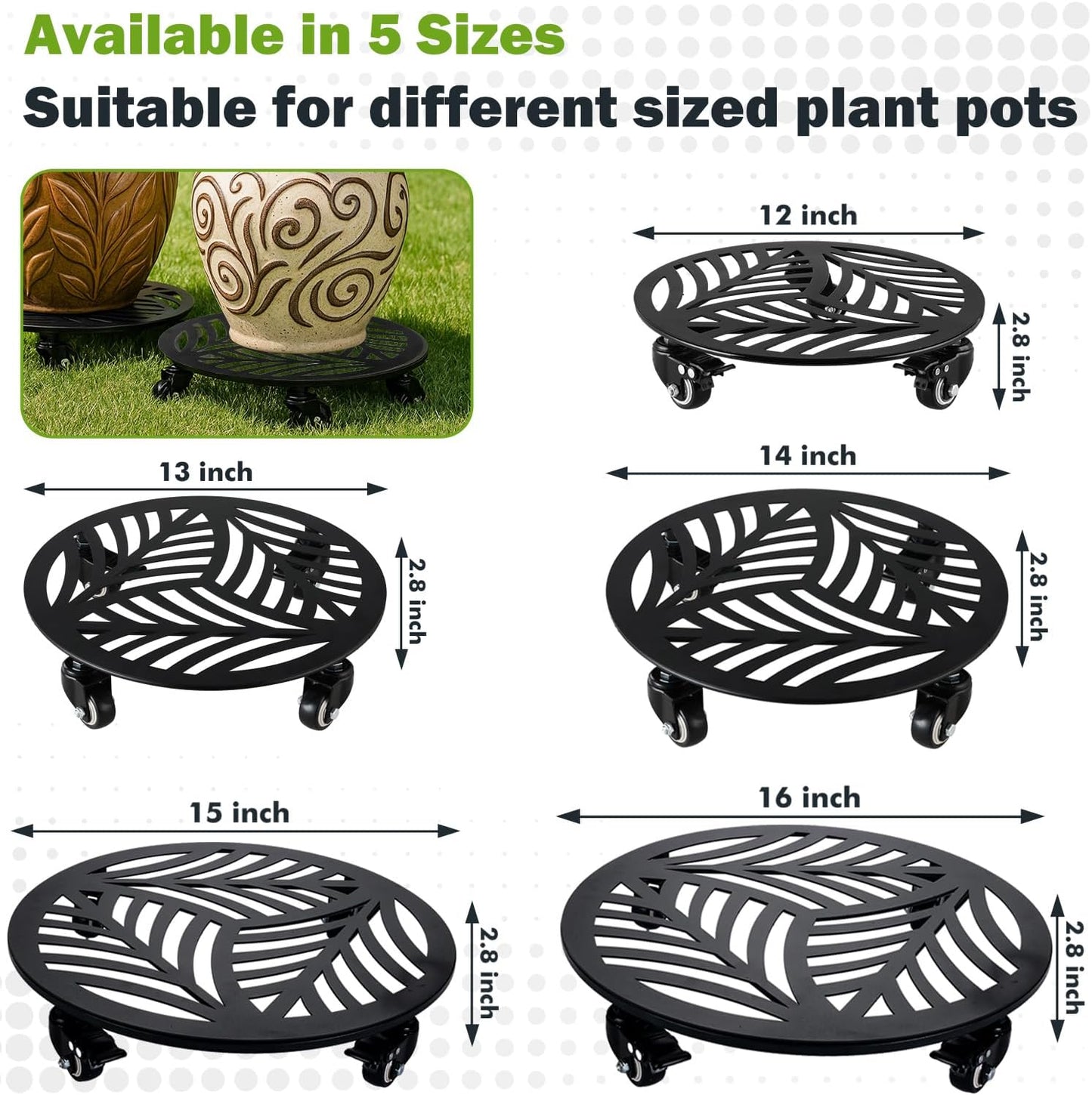 1 Pack 13 inches Metal Plant Caddy with Wheels Heavy-duty Large Iron Rolling Plant Stand with Casters Indoor Outdoor Wheeled Plant Roller Base Pot Movers Plant Dolly Coaster Trolley Black