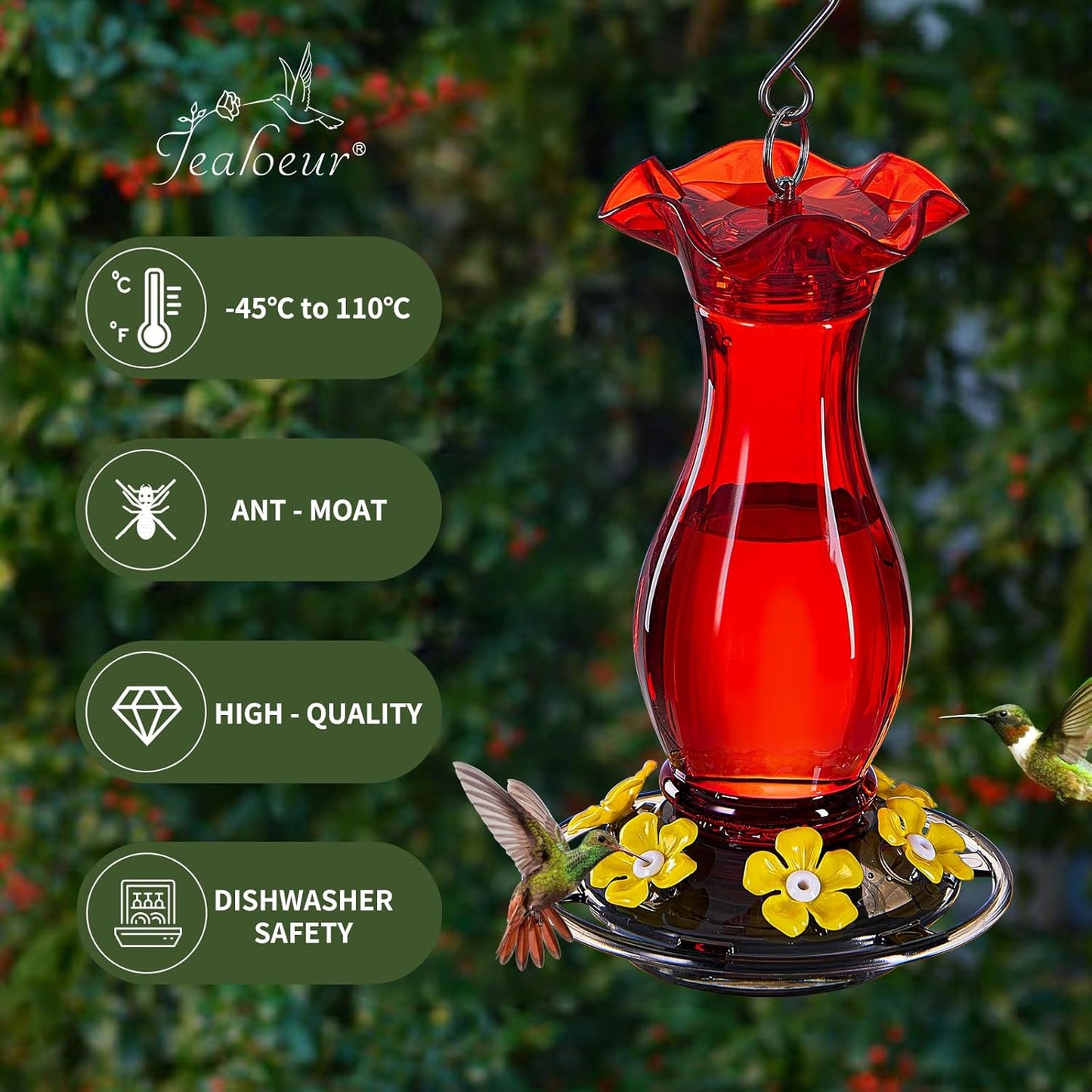 Hummingbird Feeder for Outdoors Hanging, 18 OZ Humming Birds Feeders with 6 Bee Guard Feeding Ports & Built-in Ant Moat, Easy to Clean, Durable Outdoor Garden Decor (Red 1 Pack-C)