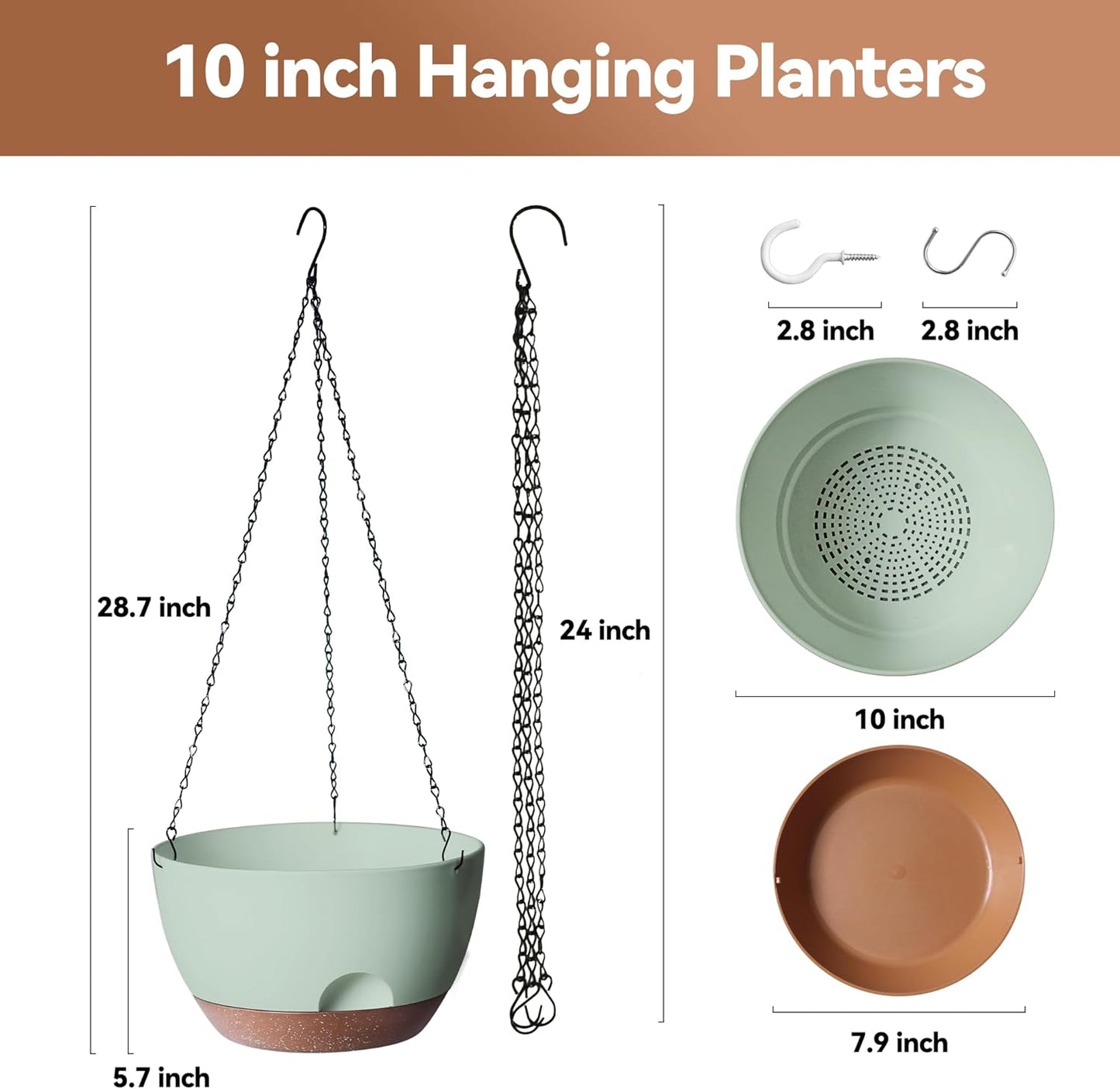 Hanging Planter for Indoor Plants, 10 Inch Self-Watering Hanging Planters with Drainage Holes and Chain, Set of 2 Outdoor Hanging Pots for Garden Home