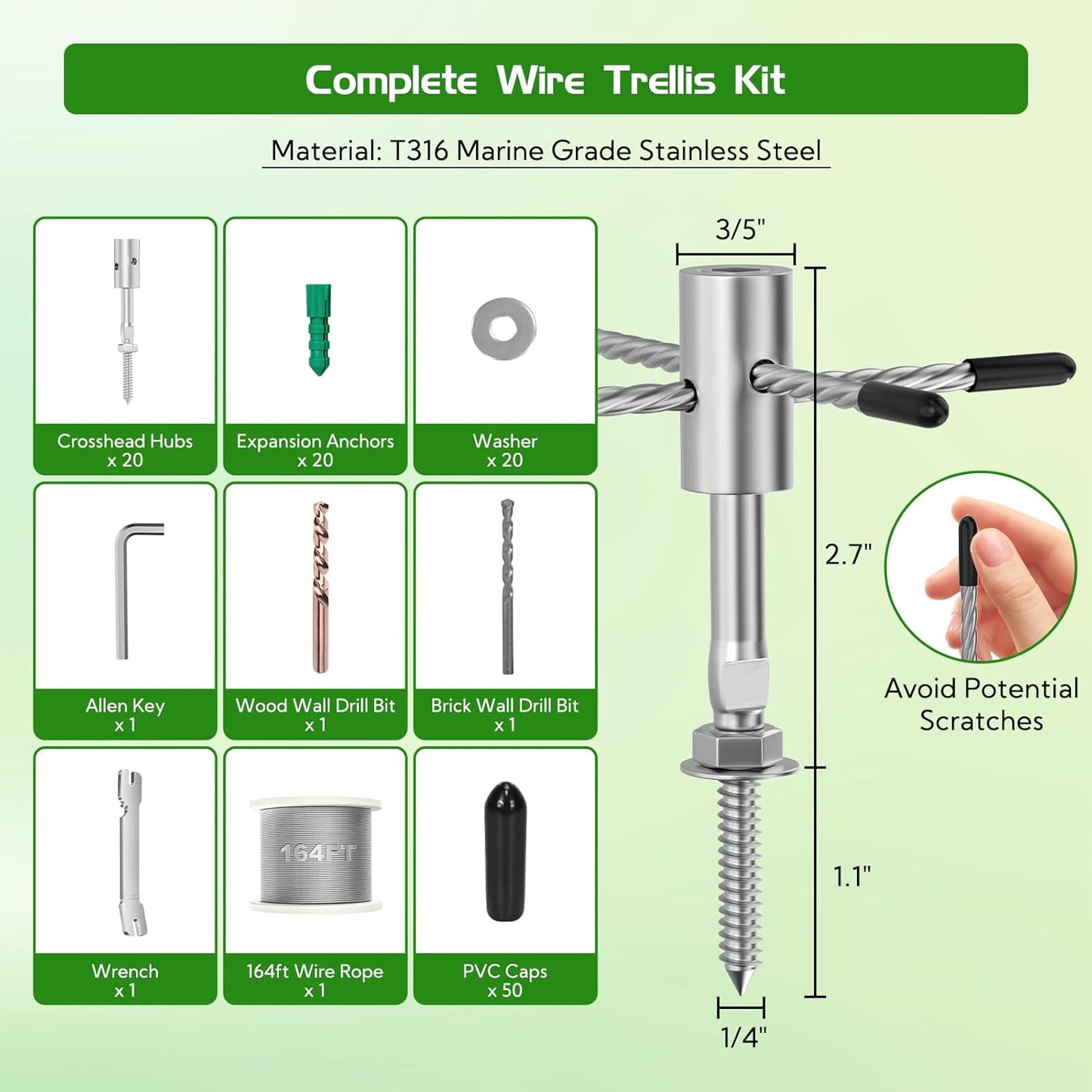 20 Set Trellis Wire for Climbing Plants Outdoor, T316 Wall Wire Trellis Kit with Stainless Steel Cable 1/8" x 164ft, Espalier System Cable Trellis Kit with Adjustable Spacing Vines Green Wall