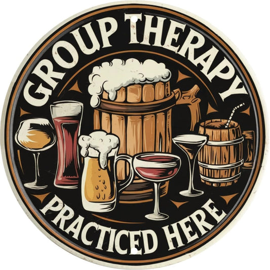 Vintage Beer Bar Art Poster Group Therapy Practiced Here Metal Sign for Home Decor Suitable for Man Cave Backyard or Bar Wall 8x8 In