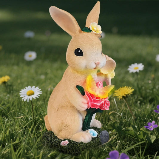 Garden Statues Rabbit with Solar Light,Bunny Outdoor Garden Decor Ornaments for Patio Yard Art,Birthday Easter House Warming Garden Gift for Women Mom,Resin Animal Figurine with Wider Base