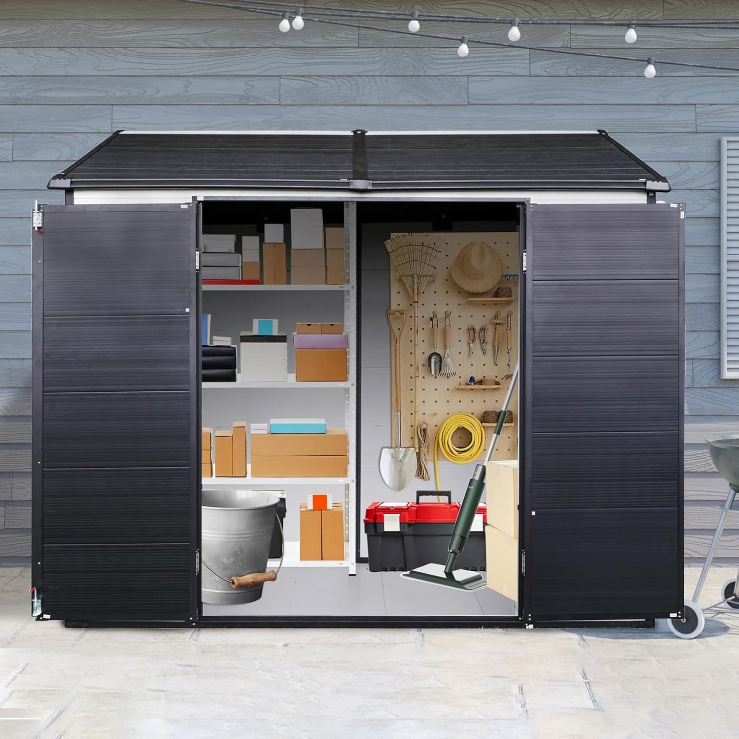 8x6 ft Outdoor Resin Storage Shed with Floor, Waterproof Plastic Garden Shed with Lockable Door and Two Windows, All-Weather Tool Sheds for Backyard, Patio, Lawn (Grey & White)