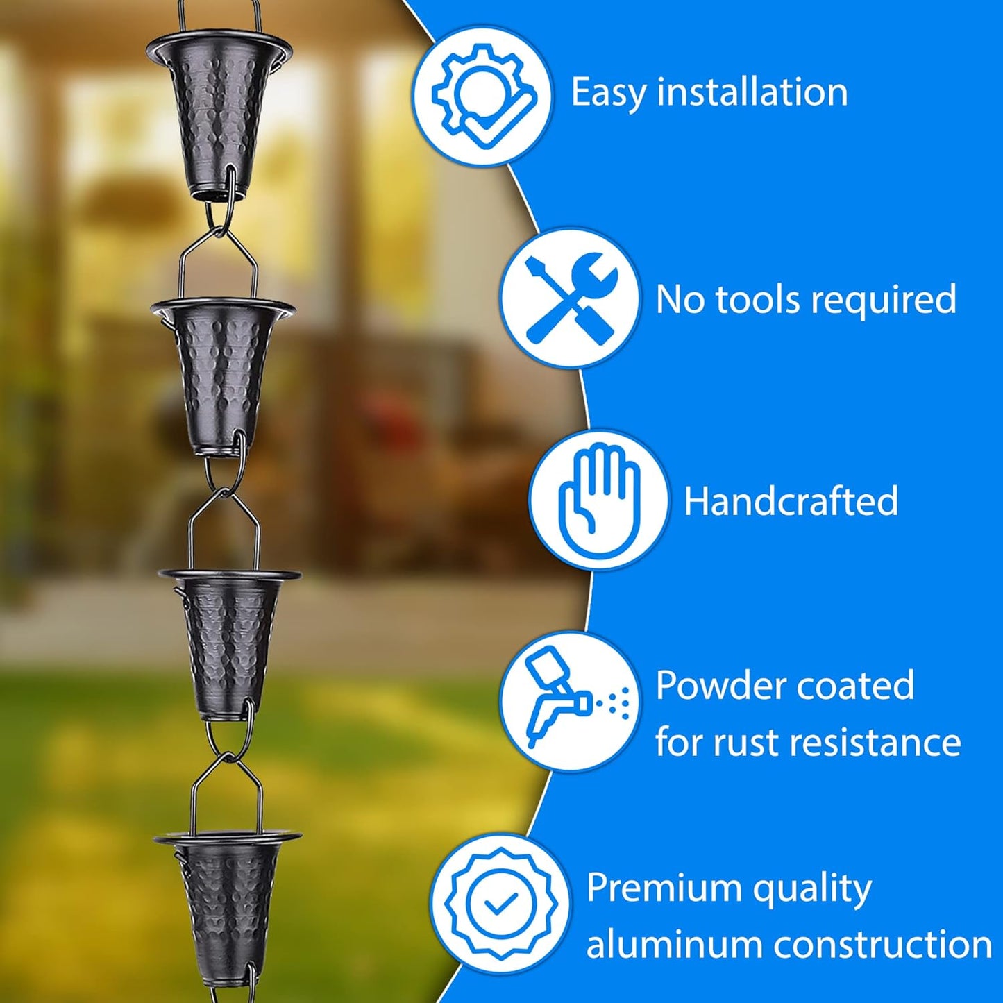 Hand-Hammered Fluted Rain Chain 8.5 FT – Black Powder-Coated Aluminum - Functional and Decorative Replacement for Gutter Downspouts - Premium Rain Chains for Gutter