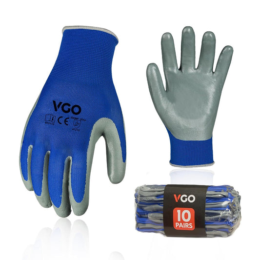 Vgo 10-Pairs Safety Work Gloves, Gardening Gloves, Non-slip Nitrile coating, Dipping Gloves (Size S, Blue, NT2110)