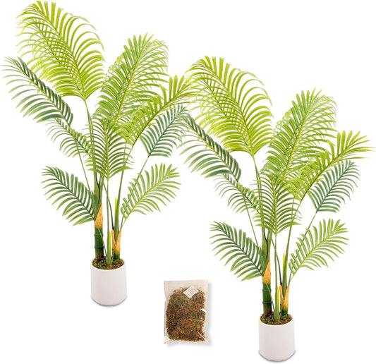 Artificial Fake Palm Tree 5FT 2Pack with White Planter & Free Moss, UV Resistant Artificial Palm Tree for Outdoors, Fake Plants for Poolside Home Room Decor, Faux Plants Outdoor Decor