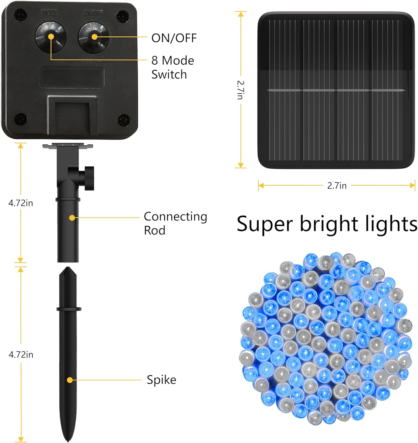 Solar String Lights for Outside, 39Ft 100 LED Solar String Lights Outdoor with 8 Modes，Solar Lights for Outside Waterproof for Yard, Fence,Balcony, Party,Christmas Tree Decorations (Blue&White)