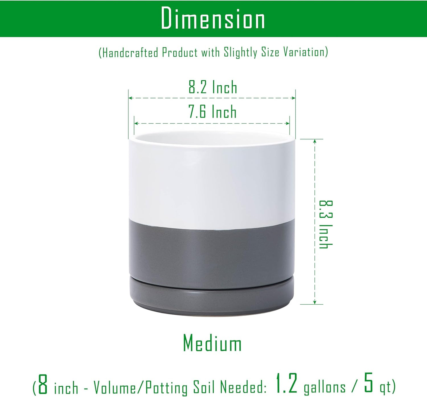 D'vine Dev 8.2 Inch Ceramic Planter Pot with Drainage Hole and Saucer, Indoor Cylinder Round Planter Pot, White/Speckled Grey, 94-O-D-6