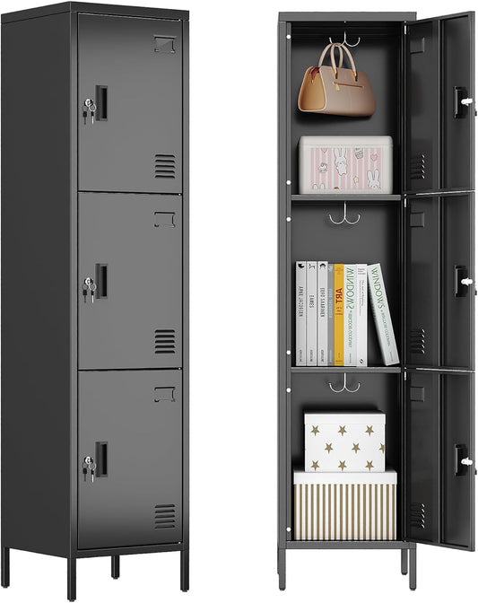 METAN Metal Storage Employees Lockers with 3 Lockable Doors and Hooks,66''H*16''W*16''D Locking Storage Cabinets for Small Spaces,Home,School,Gym,Assembly Required,Black