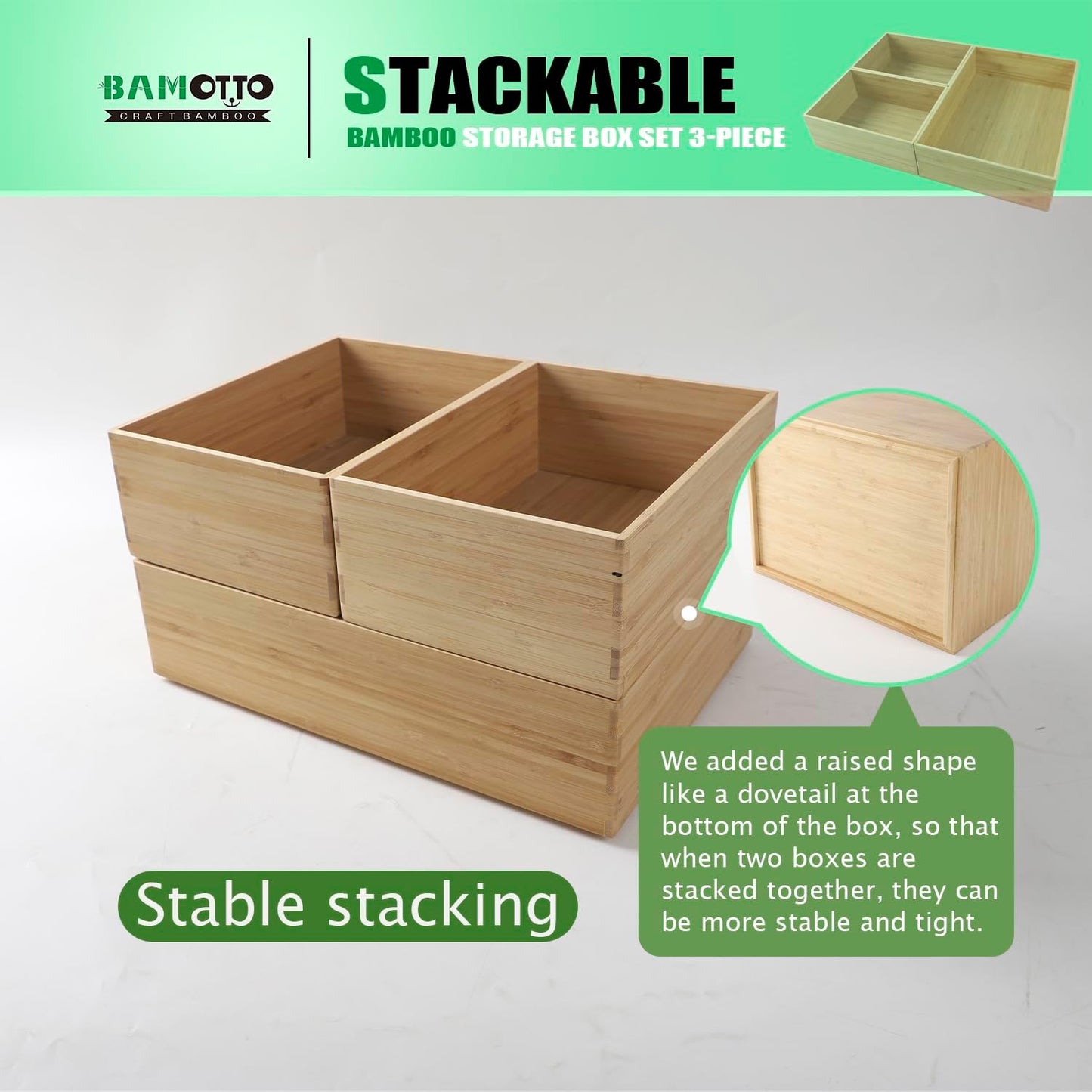 3-Piece Large Bamboo Storage Box Set, 3.1 in High Stackable Deep-Drawer Organizer for Kitchen Cutlery, Cookware, Utensils & Knives, Exquisite Durable Lidless Wooden Bin (14.6"x10.2"*1+10.2"x7.3"*2)