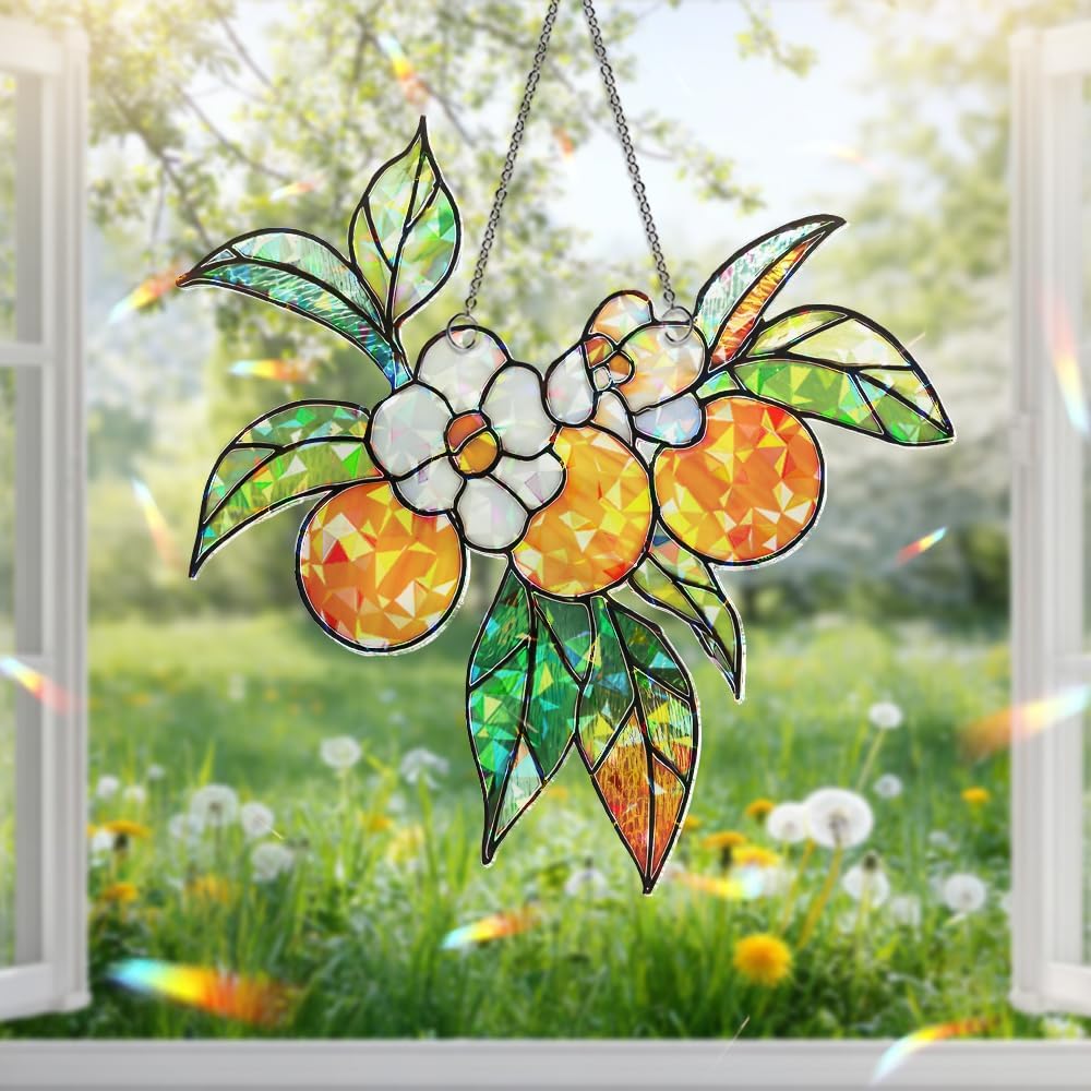 Personalized Orange Blossom Suncatcher – Stained Glass Citrus Window Hanging, Sun Catchers Indoor Window Decor for Kitchen or Garden Gift, Plant Gifts for Women, Grandma, Mother's Day, Christmas