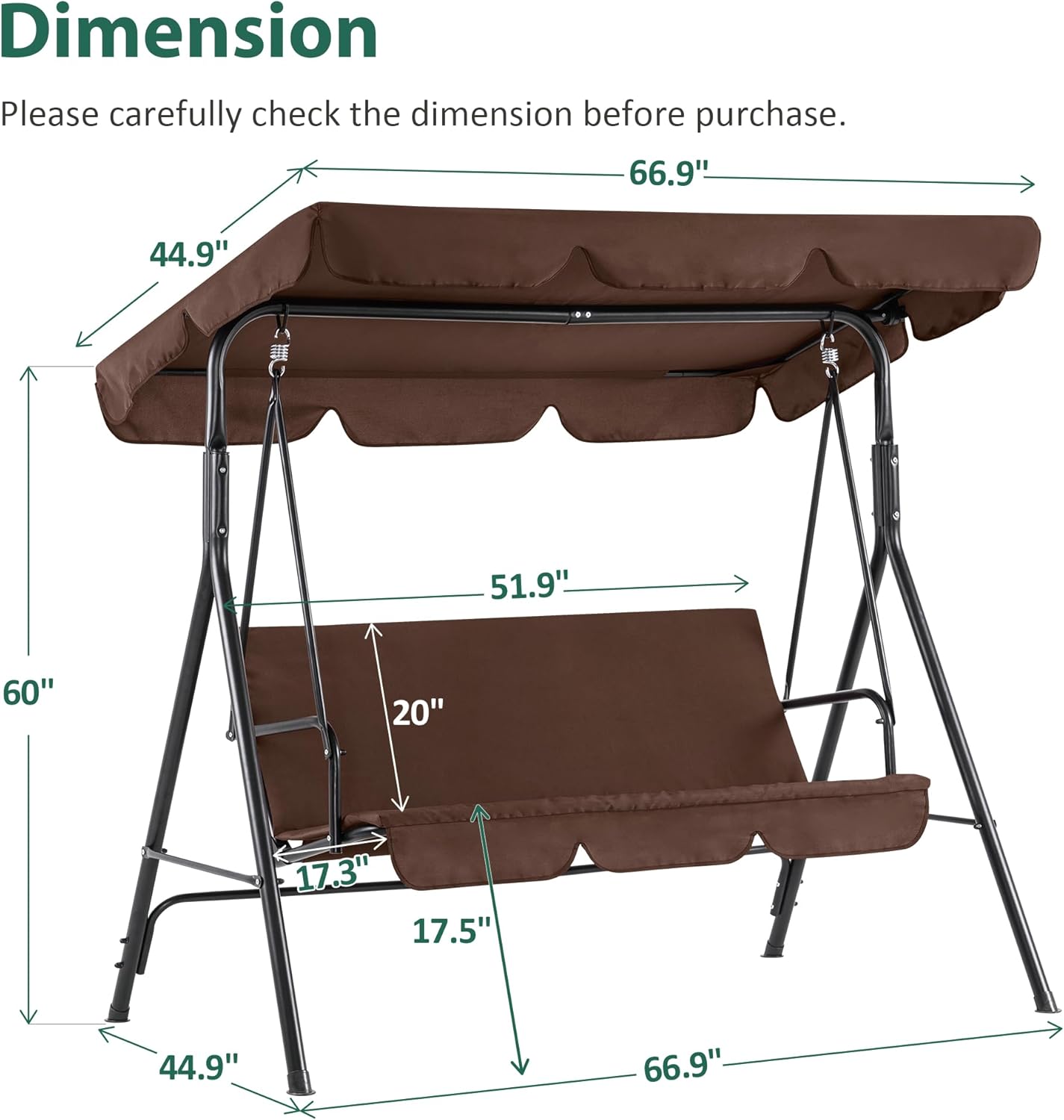 MCombo 2-3 Person Outdoor Patio Swing Chair, Convertible Canopy Hanging Swing Glider Lounge Chair, Removable Cushions, 4003 (Brown)