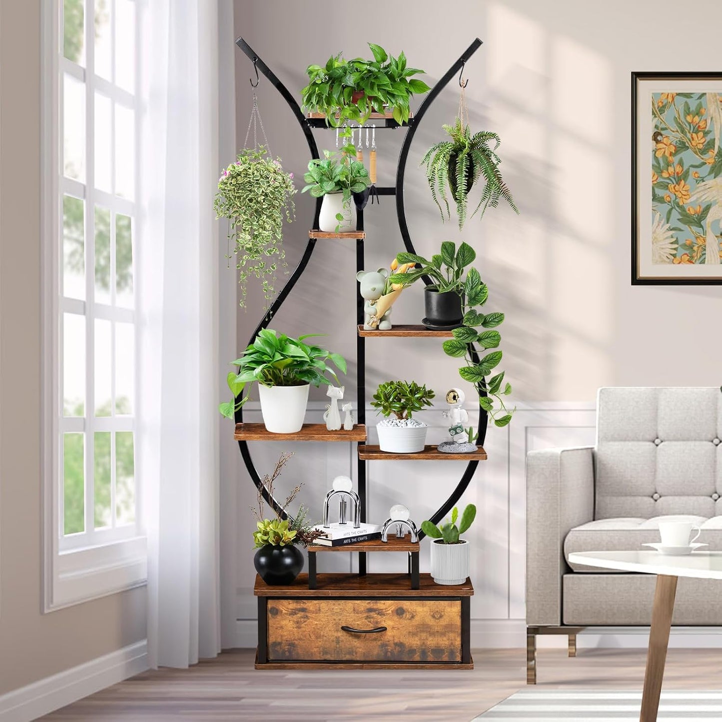 7-Tier Indoor Plant Stand with Hanging Hooks & Drawer, 68.1" Tall Vase-Shaped Corner Plant Stand includes Tool Hangers, Aesthetic Tall Plants Shelf for Multiple Plants Flower Pot, Outdoor Plant Holder in Patio Balcony