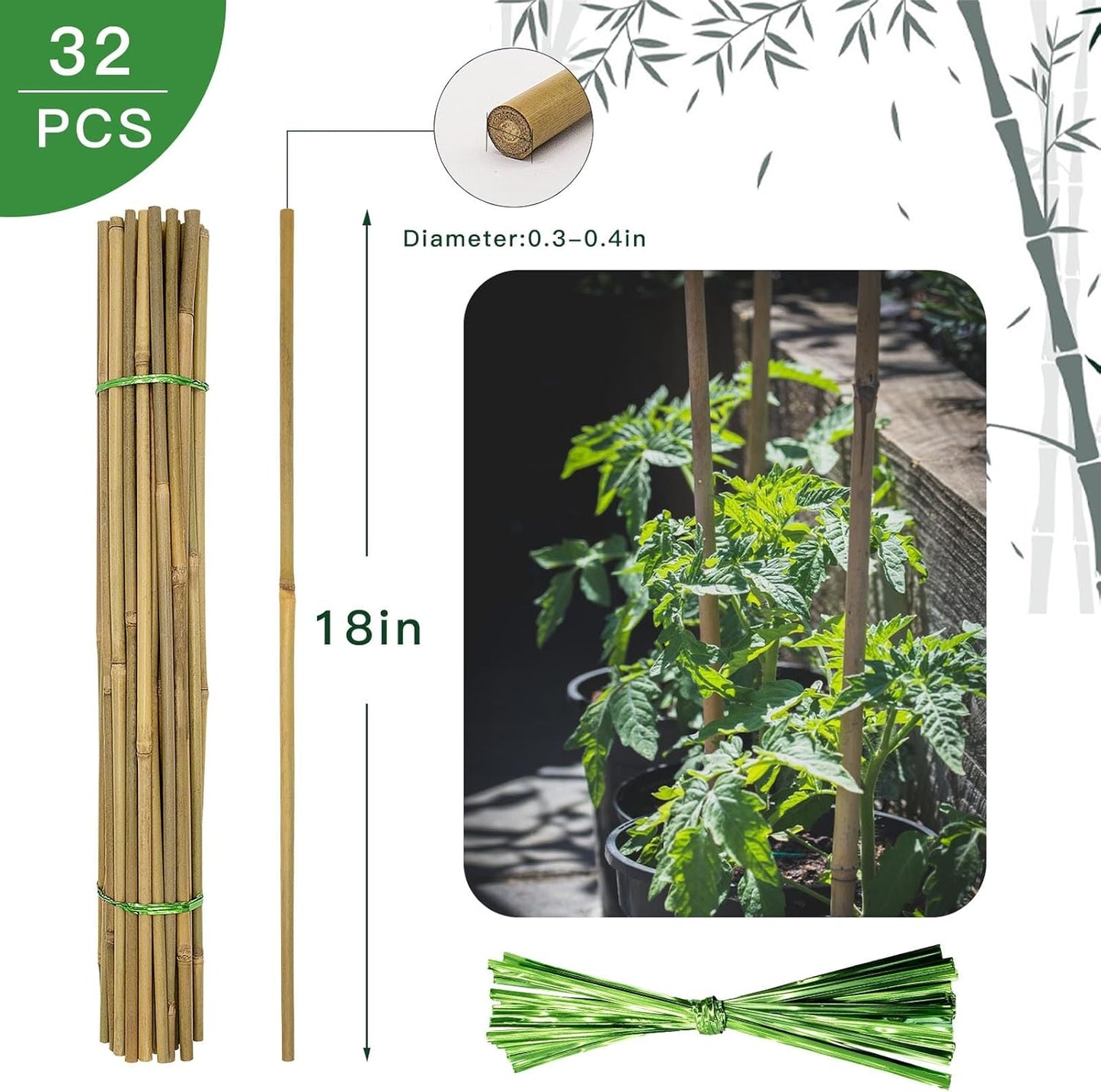[32 Pcs] Garden Stakes, 18 Inches Natural Bamboo Plant Stakes, Plant Support Stakes with Twist Ties, Bamboo Sticks for Tomatoes, Beans, Flowers, Potted Plants, Indoor and Outdoor Climbing Plants
