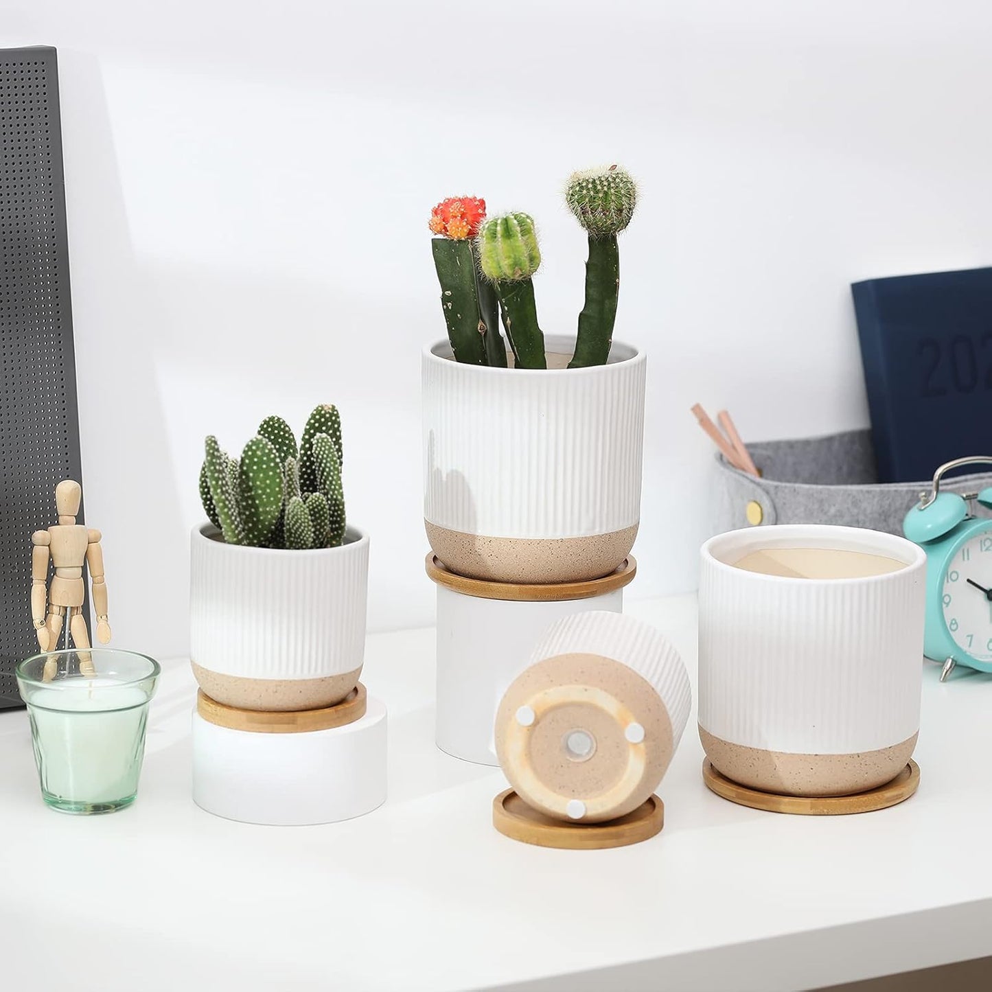 AOMRYOM 4 Inch Small Ceramic Plant Pots with Drainage Hole and Saucer, Modern Flower Planter for Succulent, Indoor Plants, Cactus, Herbs, White, Set of 4 (Plant Not Included)