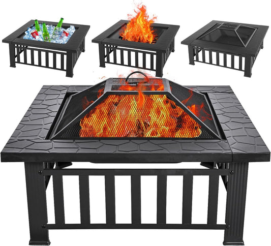 Multifunctional Fire Pit Table 32 inch Square Metal Firepit Stove Backyard Patio Garden Fireplace for Camping, Outdoor Heating, Bonfire and Picnic
