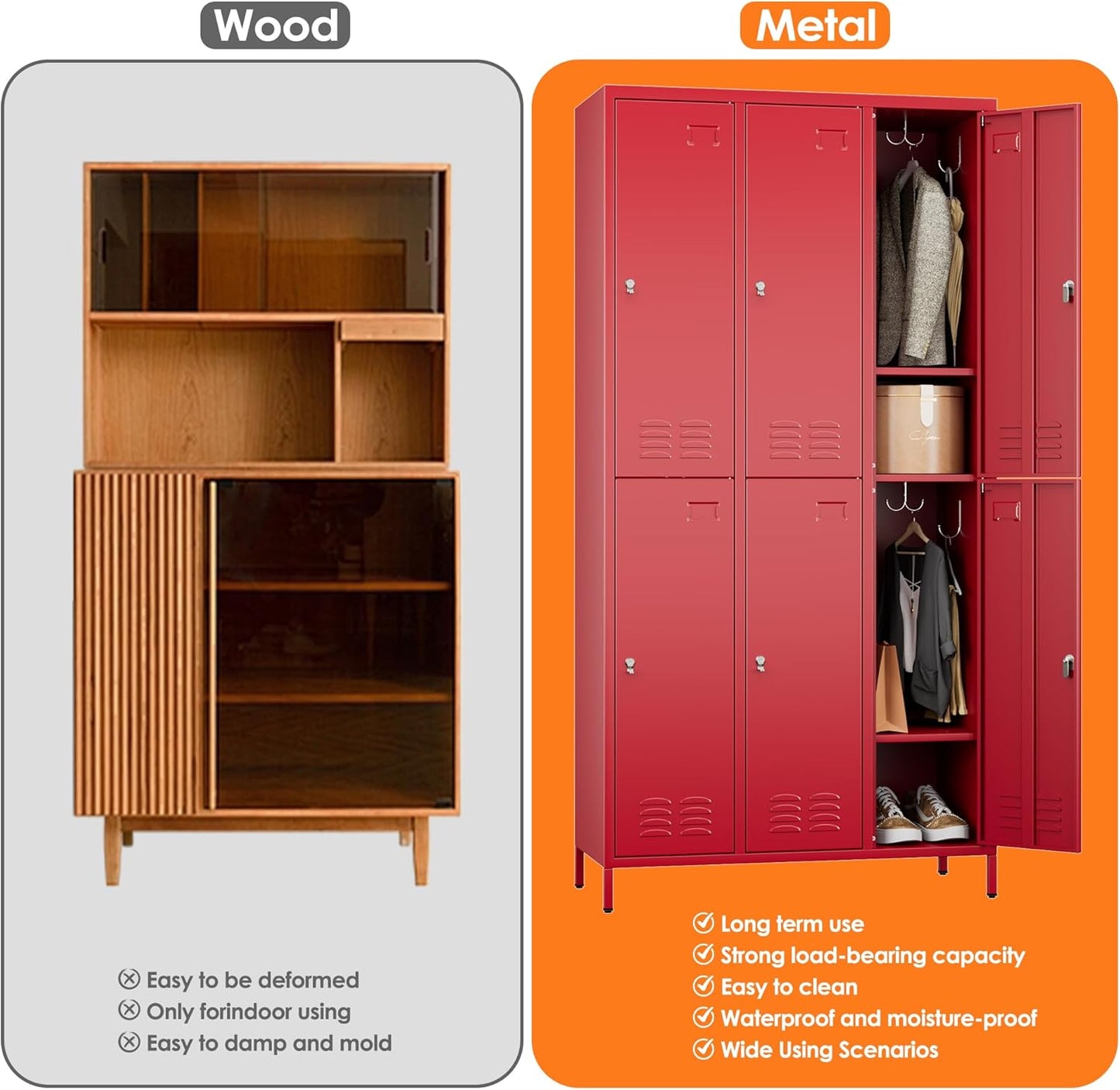 6 Doors Metal Storage Lockers for Employees with 18 Hooks,72" H Employee Lockers with Business Card Holder for Offices School Gyms Home,Assembly Required,Red