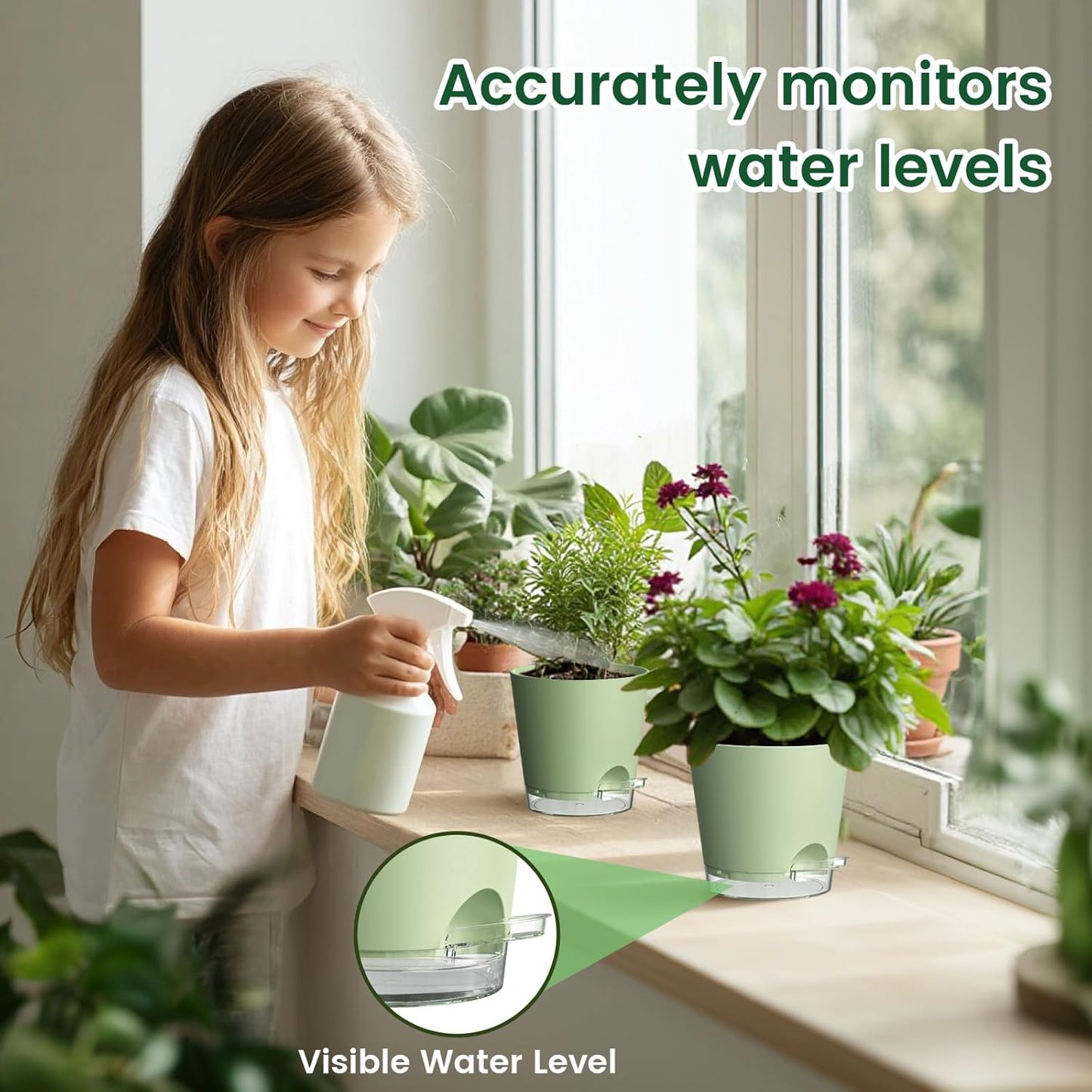 6 inch Self Watering Pots for Indoor Outdoor Plants, 3 Pack Flower Plant Pots with Drainage Holes and Clear Reservoirs, Visible Water Level, Plastic Planters with Wicking Rope, Green