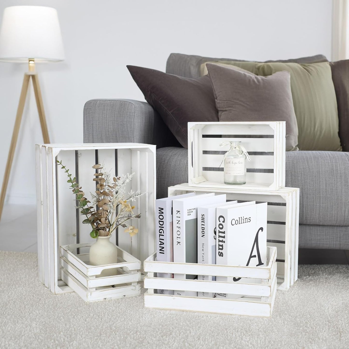 5-Piece Farmhouse Wooden Crate Set - Rustic Wooden Crates for Display and Storage, Large Whitewashed Decorative Crates, Farmhouse Apple Crates, Painted Wood Crates for Decor