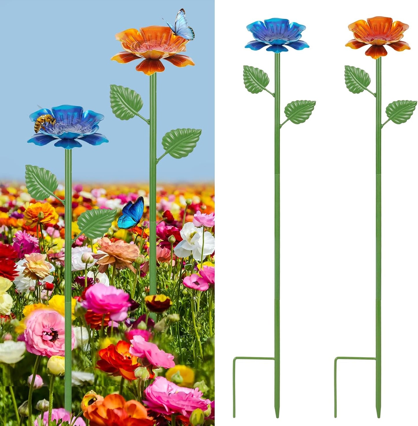 2 Pack Bee Watering Station - Flowers Butterfly Feeder, Bee Water Feeders for Outside, Metal Garden Decor, Bee Baths for Garden Yard Patio (Blue,Yellow)