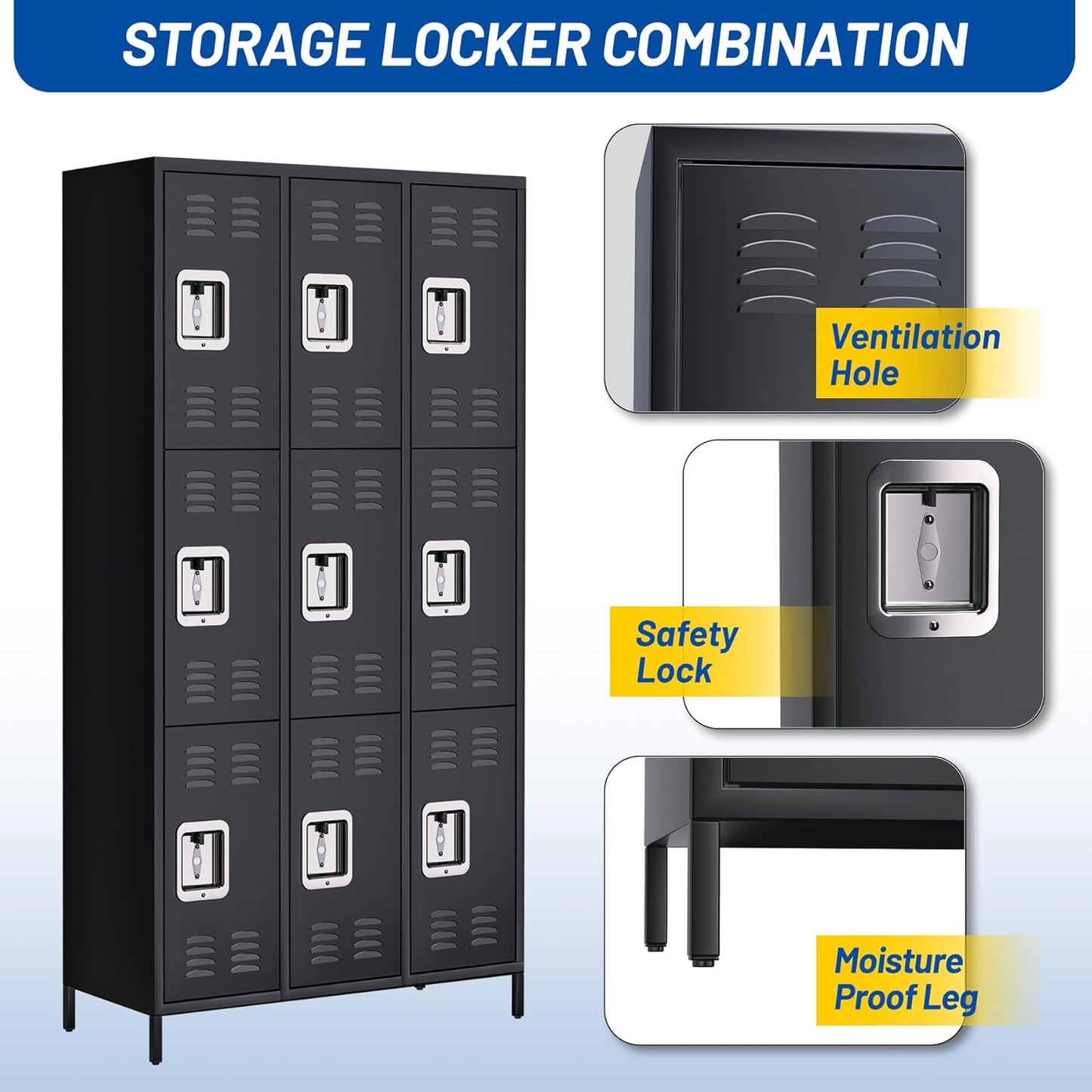 9-Door Metal Locker with Lock, 71”H Multi-Use Storage Locker for Employees, School, Office, Gym, Home, Garage, Industrial - Assembly Required