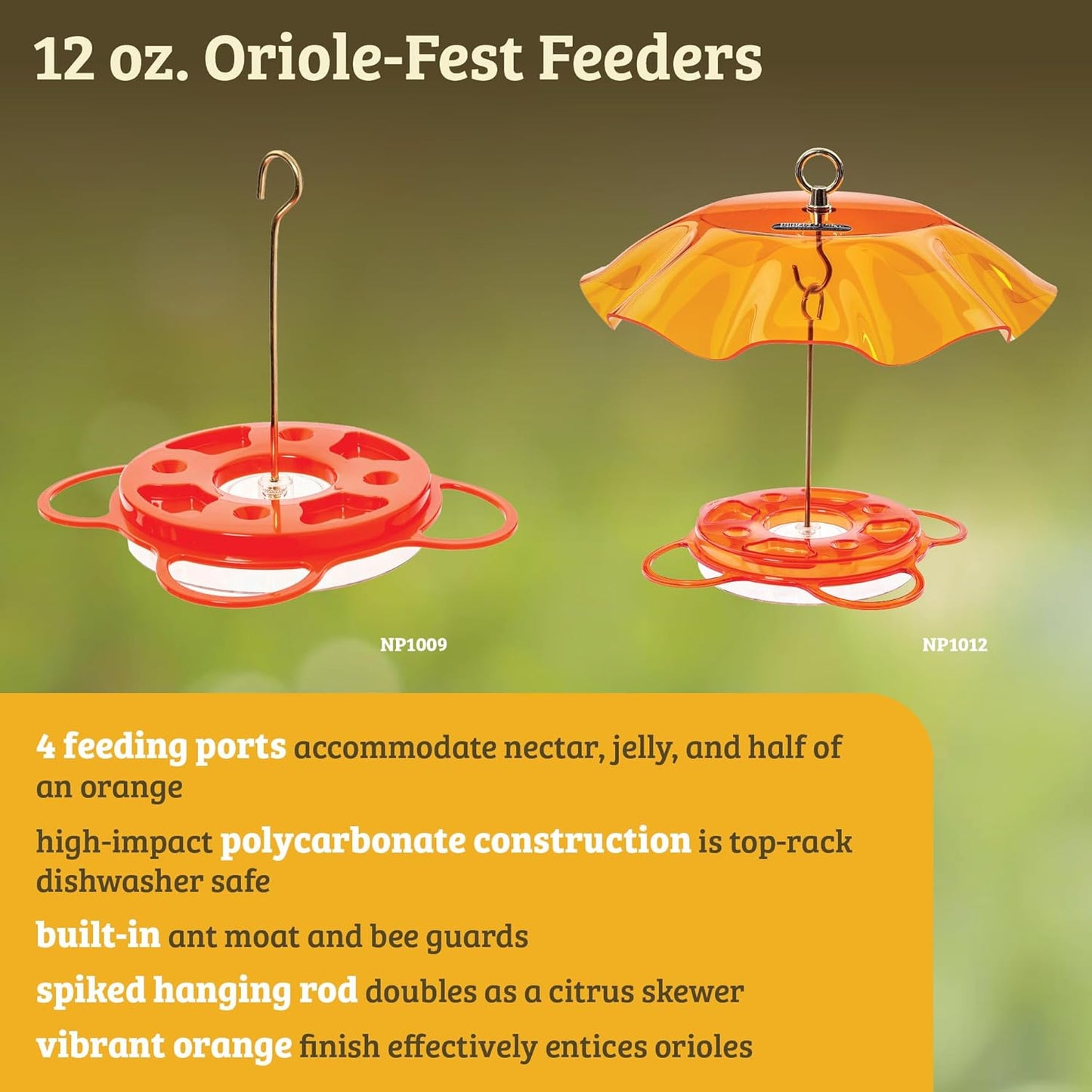 Birds Choice Oriolefest Oriole Bird Feeder | Hanging Bird Feeder for Jelly, Oranges & Nectar | 4 Feeding Ports & Trays with Ant Moat & Bee Guards | Sturdy for Garden & Backyard | 12 oz, Orange