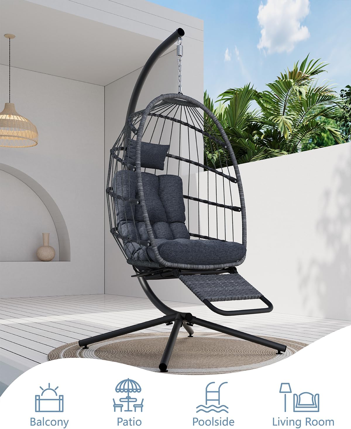 SWITTE Egg Chair Outdoor with Footrest & Stand, Indoor Wicker Hanging Egg Swing Chair with Cushion for Patio, Bedroom, Garden - Dark Gray