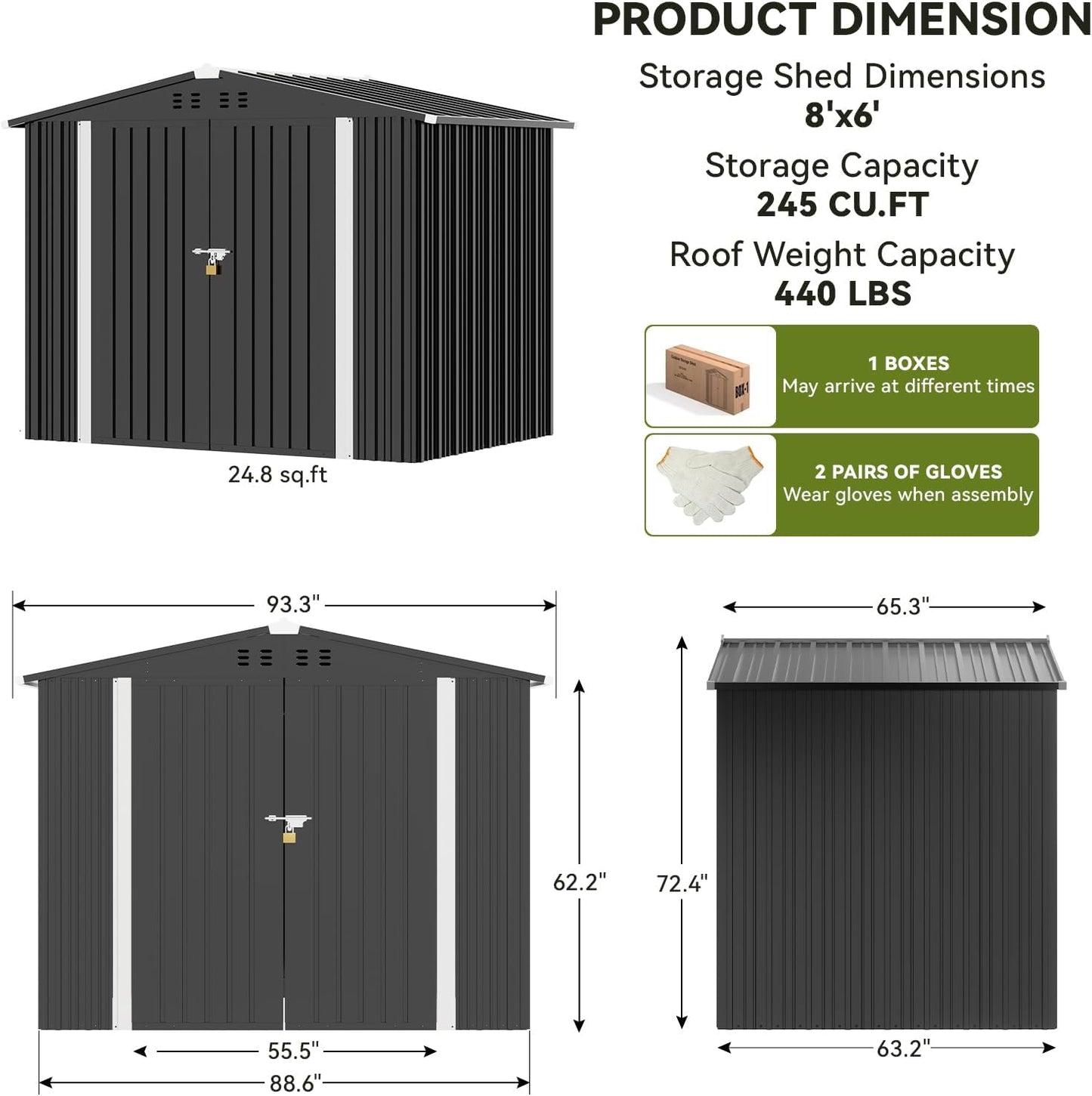 COMHOMA Shed Outdoor Storage Shed Metal,Lockable Doors Tool Sheds with Sloping Roof,Steel Garden Shed with Air Vent for Backyard,Patio,Lawn,Poolside (Grey, 8'*6')