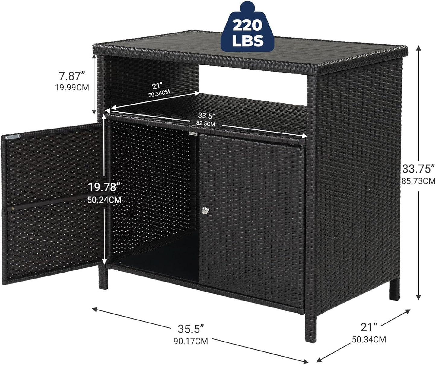 Grand patio Wicker Storage Cabinet Outdoor Waterproof Buffet Cabinet Patio Bar Table with Two Doors and Shelves Wicker Sideboard for Garden Kitchen Pool Dark Brown