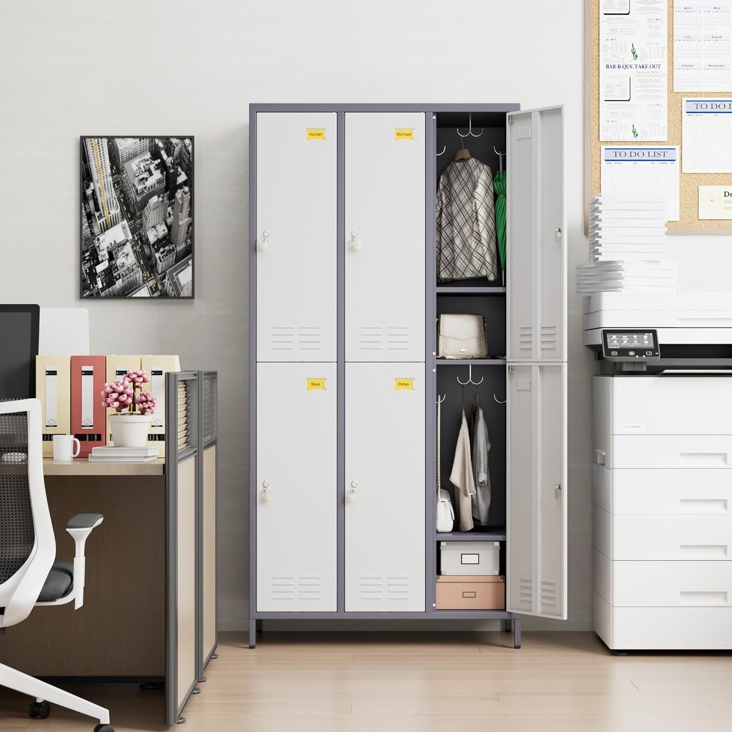 6 Doors Metal Lockers for Employees with 6 Shelves and 18 Hooks, Storage Locker with Business Card Holder for Office Gym School Bedroom, Assembly Required, White and Gray