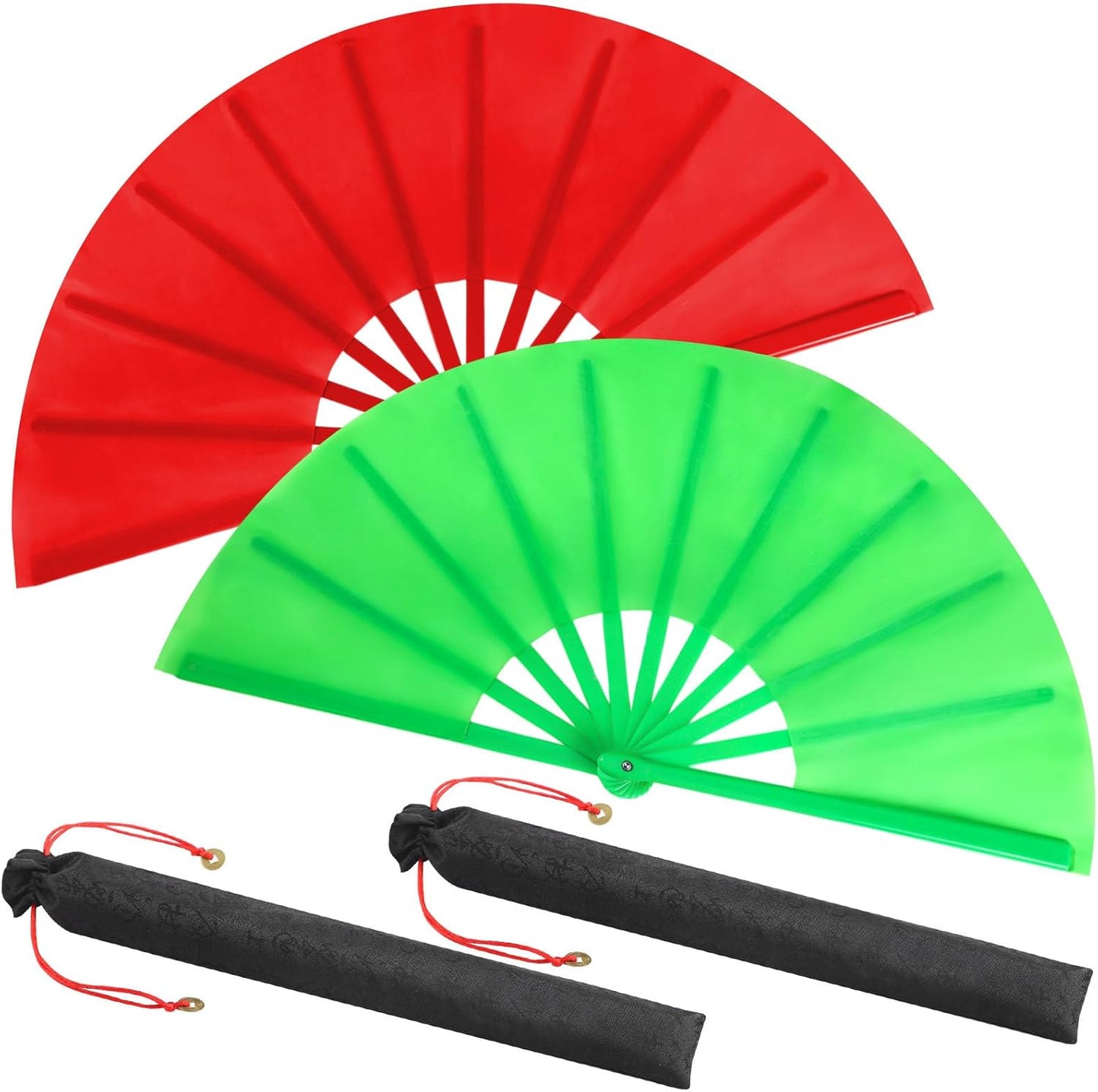 Maitys 2 Packs Large Clap Fans for Line Dancing Large Chinese Folding Hand Fans for Men and Women, Festival, Tai Ji, Kungfu, Martial Art, Gifts (Green and Red)