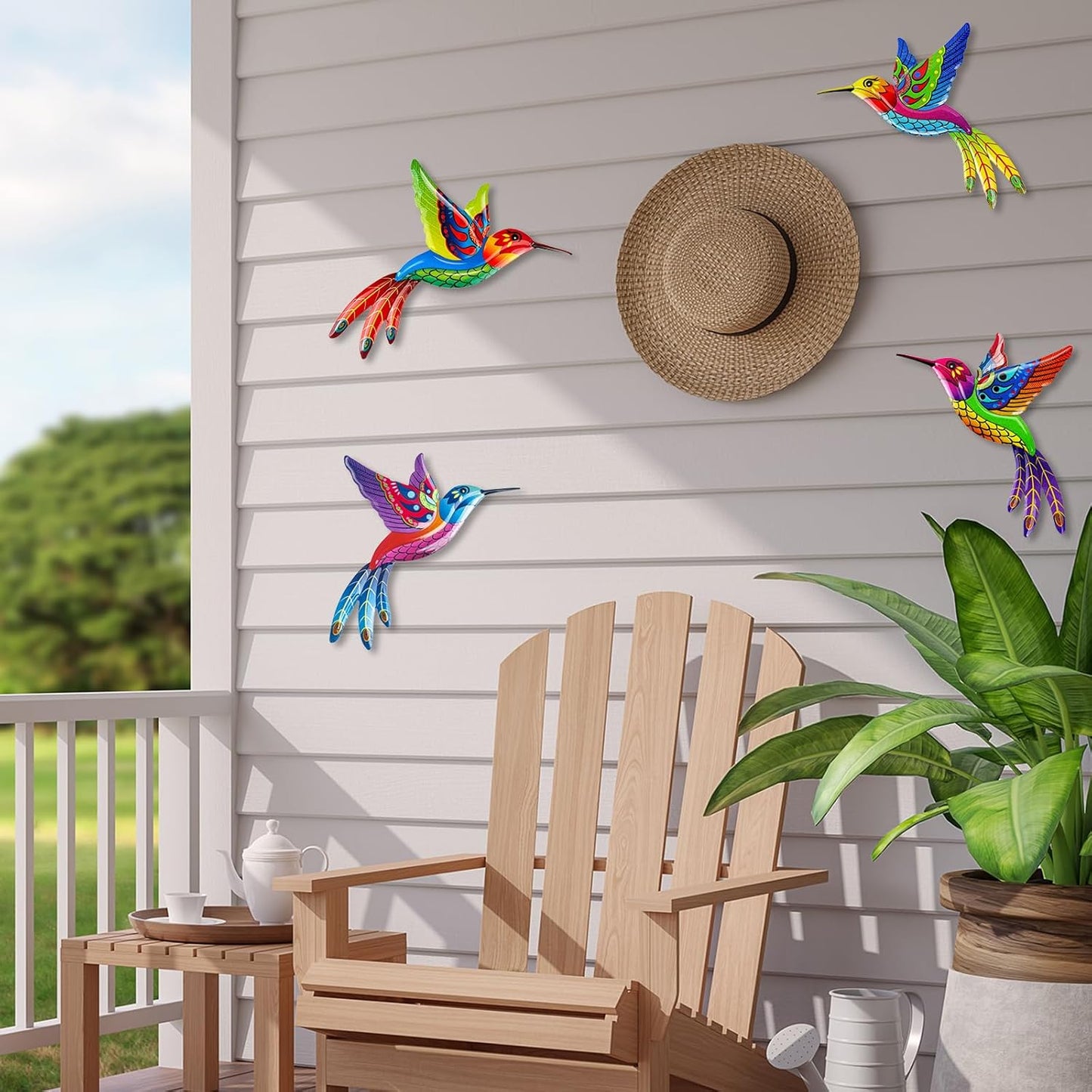 ULENDIS 4 Pack Metal Hummingbird Wall Art Outdoor Decor, 3D Colorful Outdoor Wall Art Fence Decorations for Patio and Yard, Wall Sculpture Hanging Decor for Garden Living Room Balcony