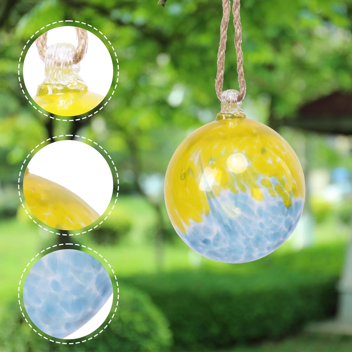 VCUTEKA Hanging Garden Gazing Ball, Hand-Blown Glass Witch Ball for Outdoor Garden Décor, 6" Blue Yellow Swirl