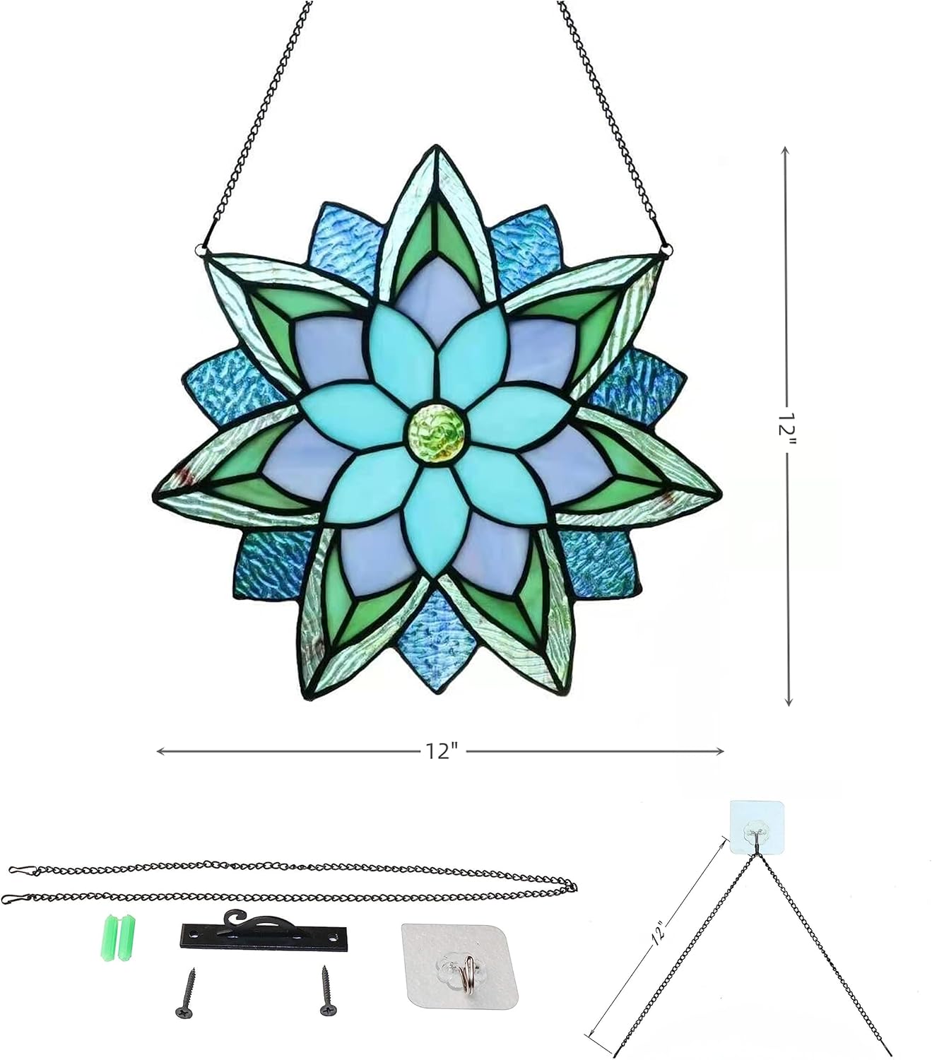 12 Inch Round Stained Glass Window Panel,Handmade Flower Stained Glass Window Hangings, Suncatcher Ornament for Home Décor