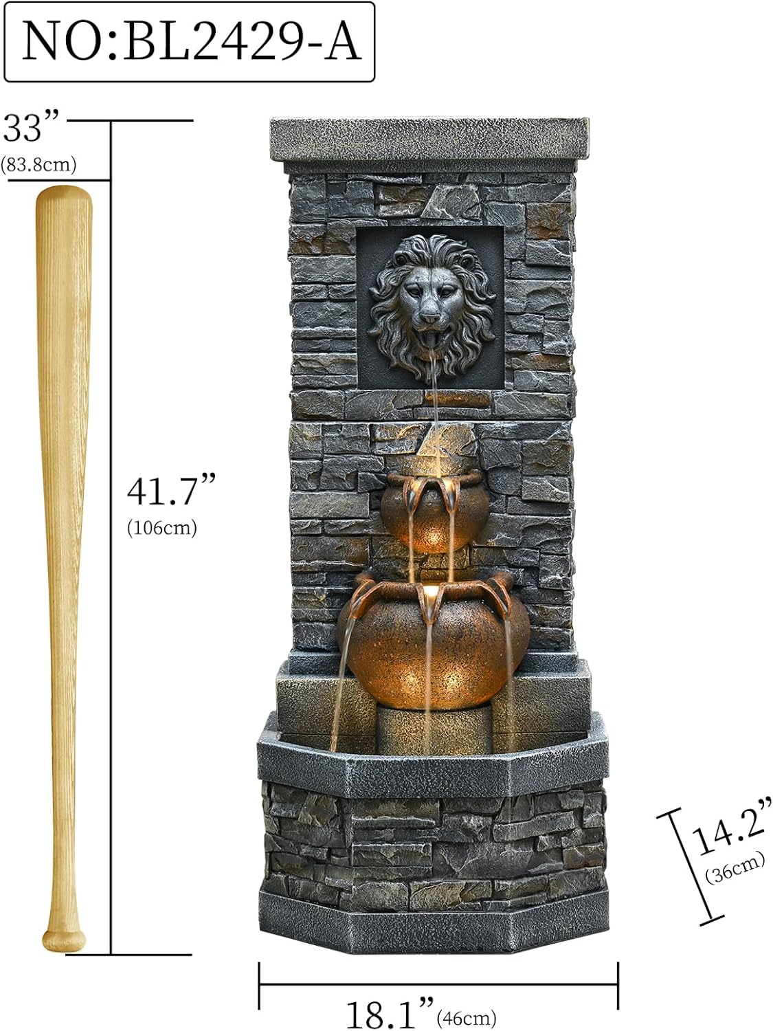 42'' Outdoor Garden Floor-Standing Water Fountain Lion Head Stone with Lights Outdoor Waterfall for Patio, Backyard, Deck, Porch and Home Art Decor