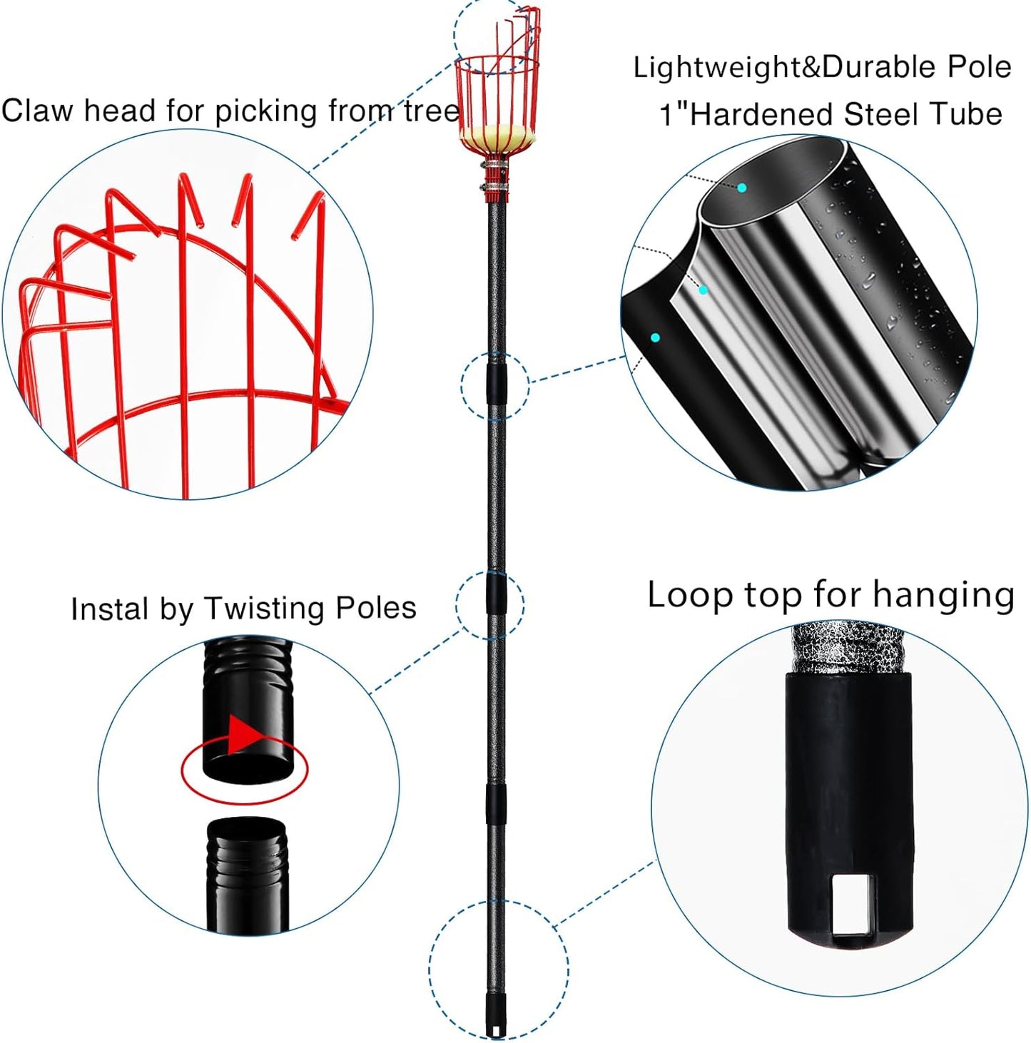 DonSail Fruit Picker Pole with Basket Telescoping, Citrus Orange Picker Pole with Basket 35-150 inch Long Handle, Mango Avocado Fig Acorn Pear Pomelo Chery Lemon Picker for Tree