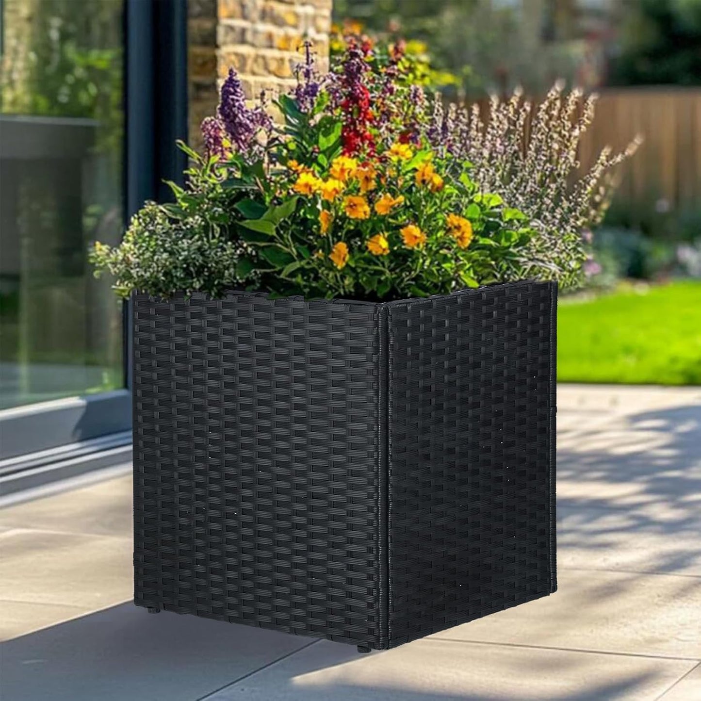 LEWIS&WAYNE Large Square Planter Box Handmade Wicker Tall Planters for Outdoor Plants with Removable Liners Modern Planter for Indoor Outdoor Garden Patio Front Porch - Black, 17''x17''x18''
