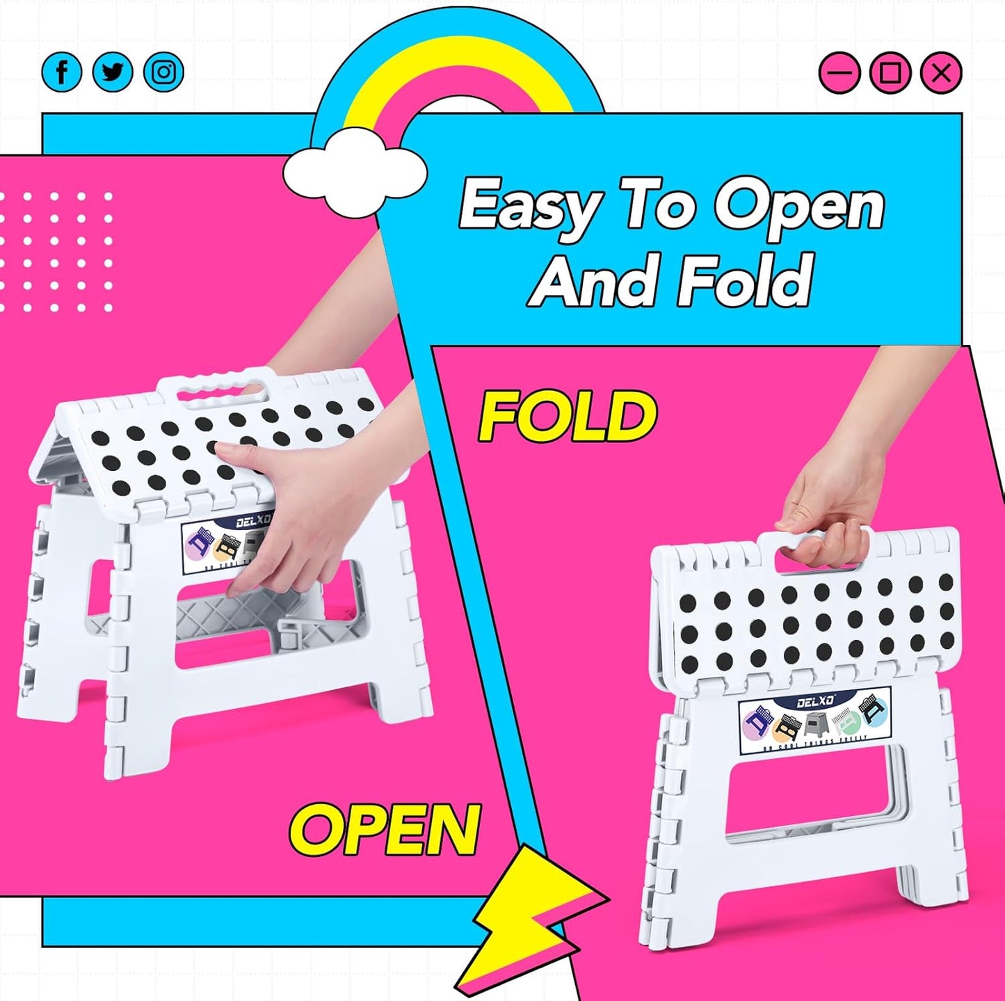 Delxo 9 Inch Folding Step Stool,White Step Stools for Kids Foldable,Portable Collapsible Step Stool with Handle, Folding Stool for Kitchen Bathroom,Bedroom,Garden