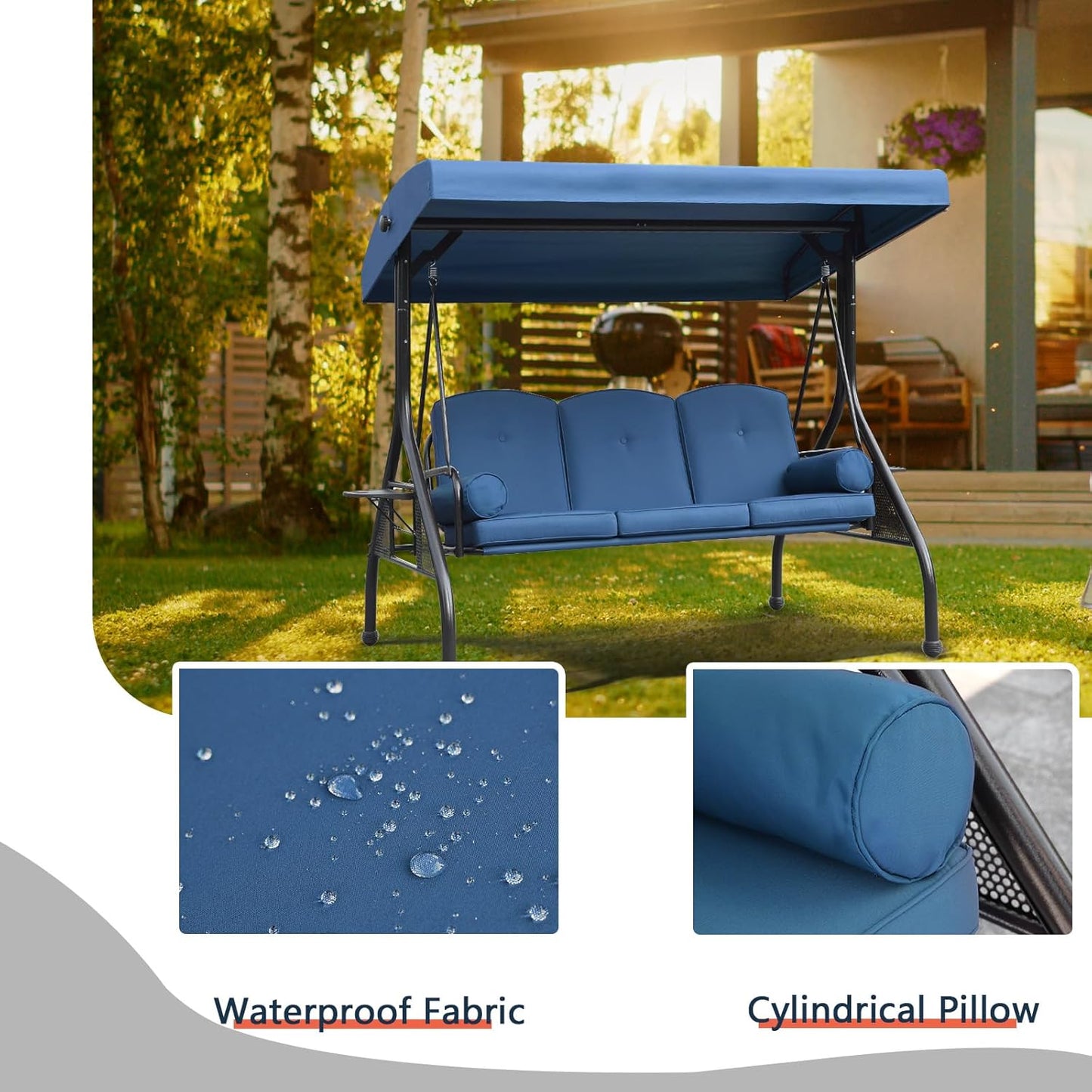 NOBLEMOOD Patio Porch Swing, 3-Seat Outdoor Swing with Adjustable Canopy, Waterproof Fabric Cushion, Pillow and Foldable Side Tray for Patio, Backyard, Porch Swing Bed for Spring
