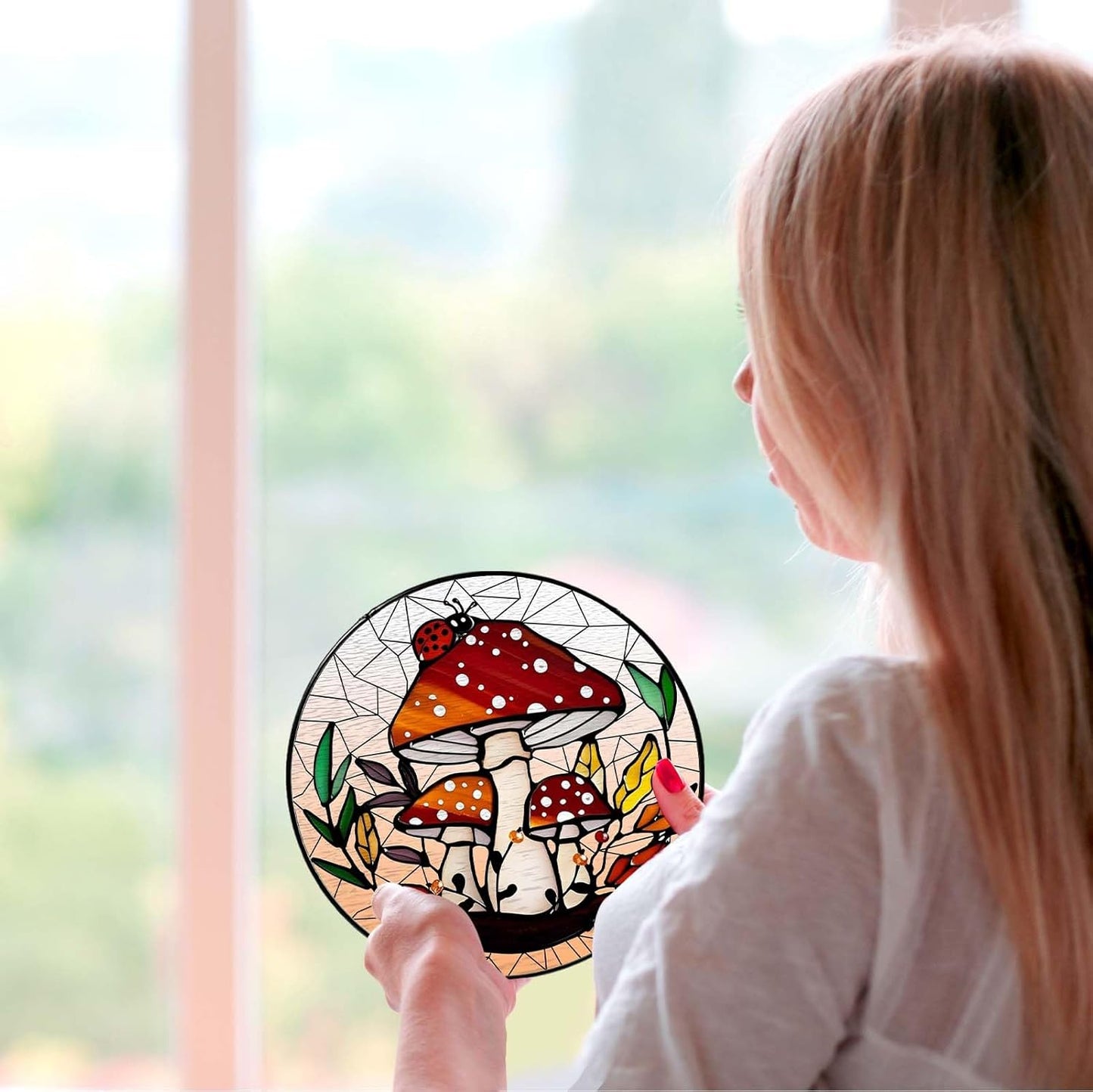 Mushroom Forest Sun Catcher Stained Glass Window Hanging Mushroom Lover Gifts for Women Wall Decor Handmade Sun Catcher Decoration for Home Graden Housewarming Gifts