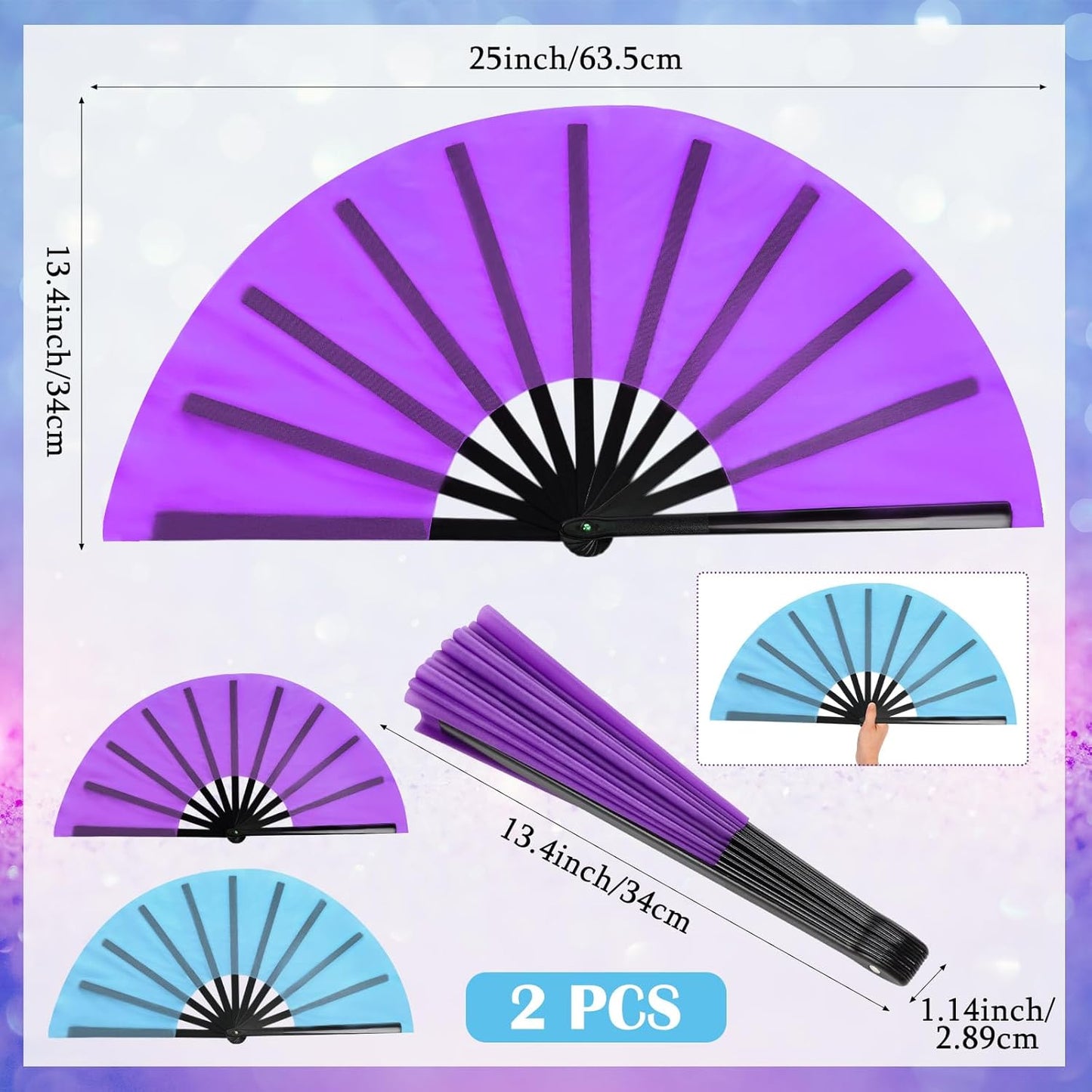 Maitys 2 Packs Large Clap Fans for Line Dancing Large Chinese Folding Hand Fans for Men and Women, Festival, Tai Ji, Kungfu, Martial Art, Gifts (Purple and Light Blue)