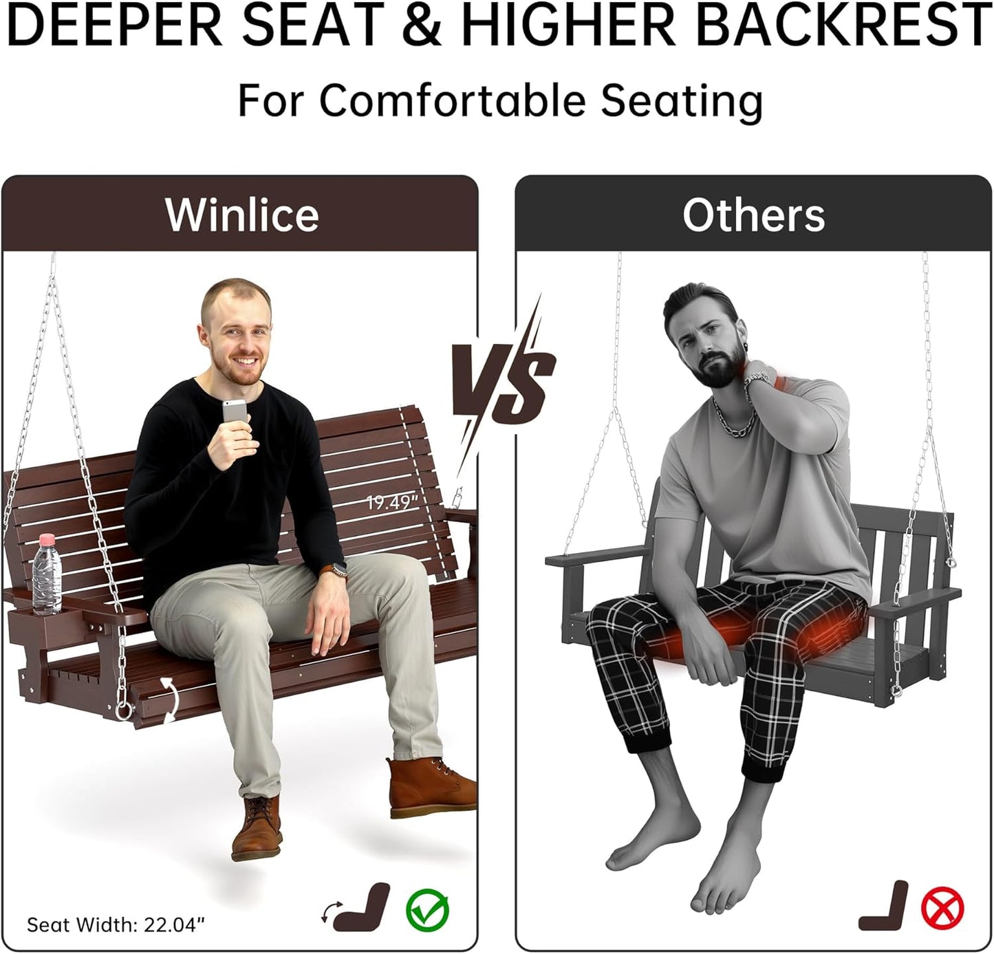 Wooden Outdoor Porch Swing, 3 Seater Front Porch Swing with Upgraded 22" Deep Seat, Heavy Duty 880 Lbs Swing Bench Chair for for Patio, Backyard, Garden (Brown, 5 Foot)