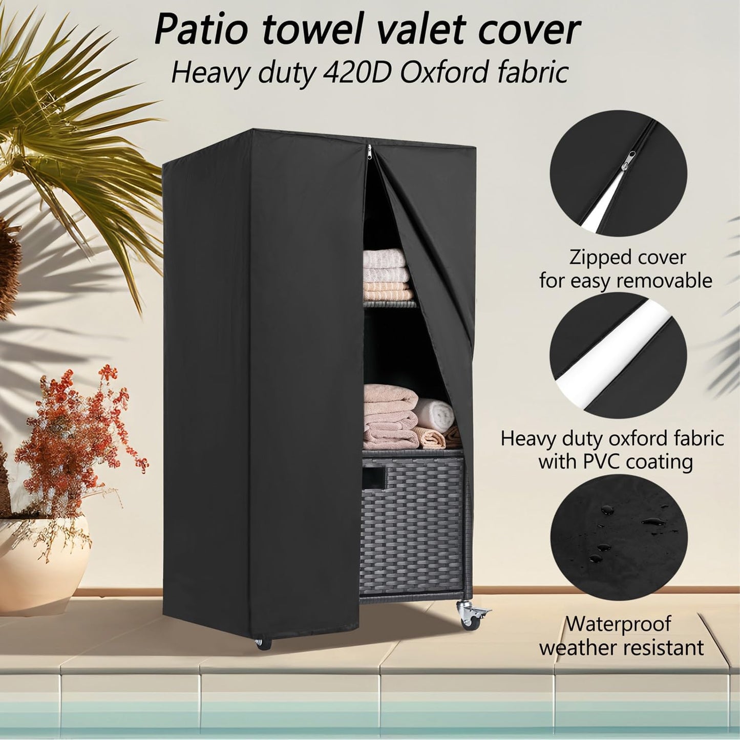 Outdoor Towel Rack for Pool Outdoor Pool Towel Storage Cabinet with Shelf & Drawer Pool Towel Holder with Rolling Wheels Hot Tub Towel Rack w/Waterproof Cover Poolside Towel Valet Caddy for Spa Black