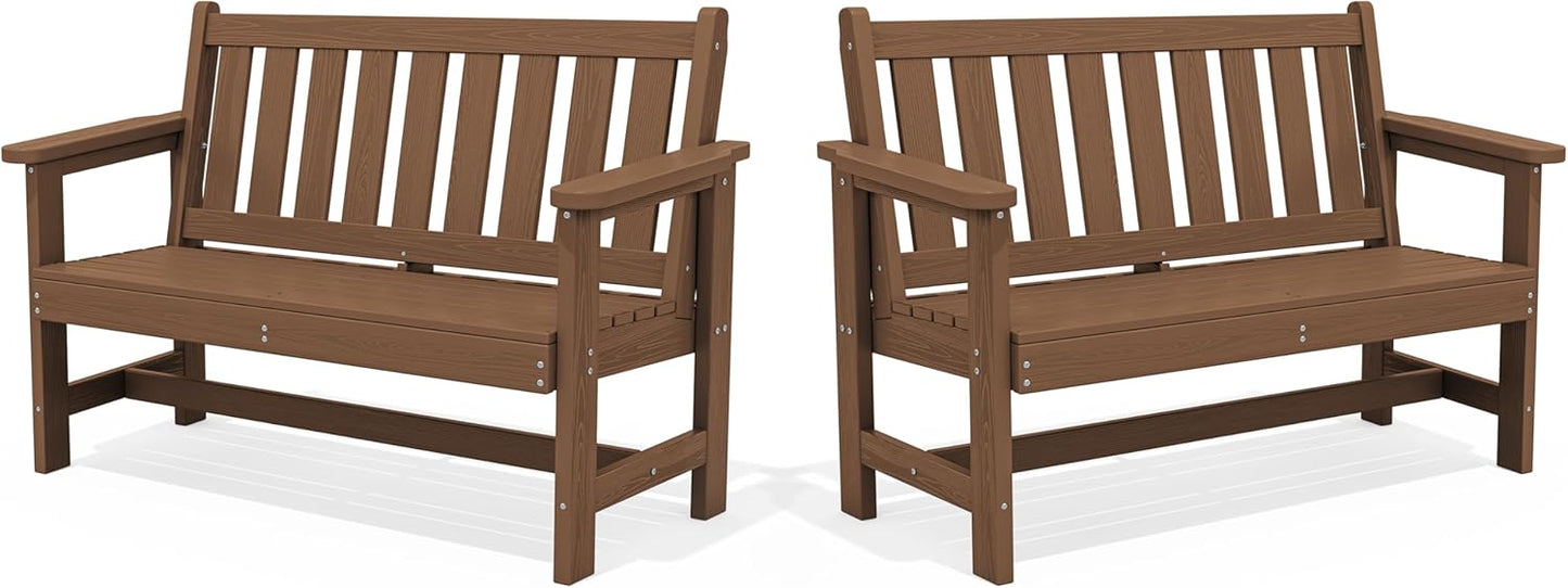 SERWALL Outdoor Bench, HDPE Outdoor Benches Weatherproof, 2-Person Garden Bench with 660 lbs Weight Capacity, Patio Benches for Outdoors, Garden, Porch, Backyard and Park, Brown, 2 Pack