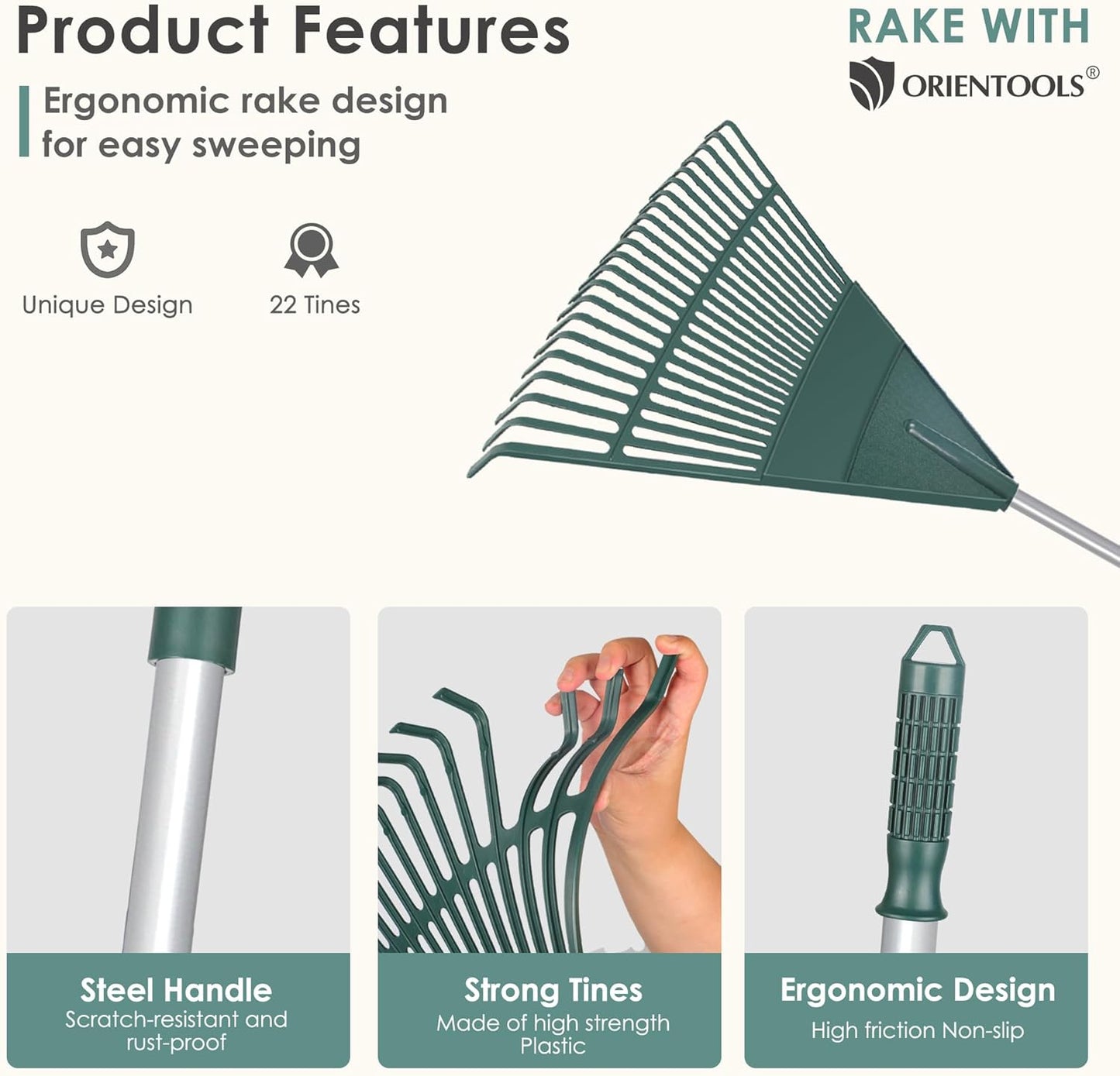 ORIENTOOLS Rake for Leaves,Adjustable Garden Leaf Rake ,Lightweight Steel Poly Yard Rake，22 Tines, 42 to 60 Inches (Silver Handle)