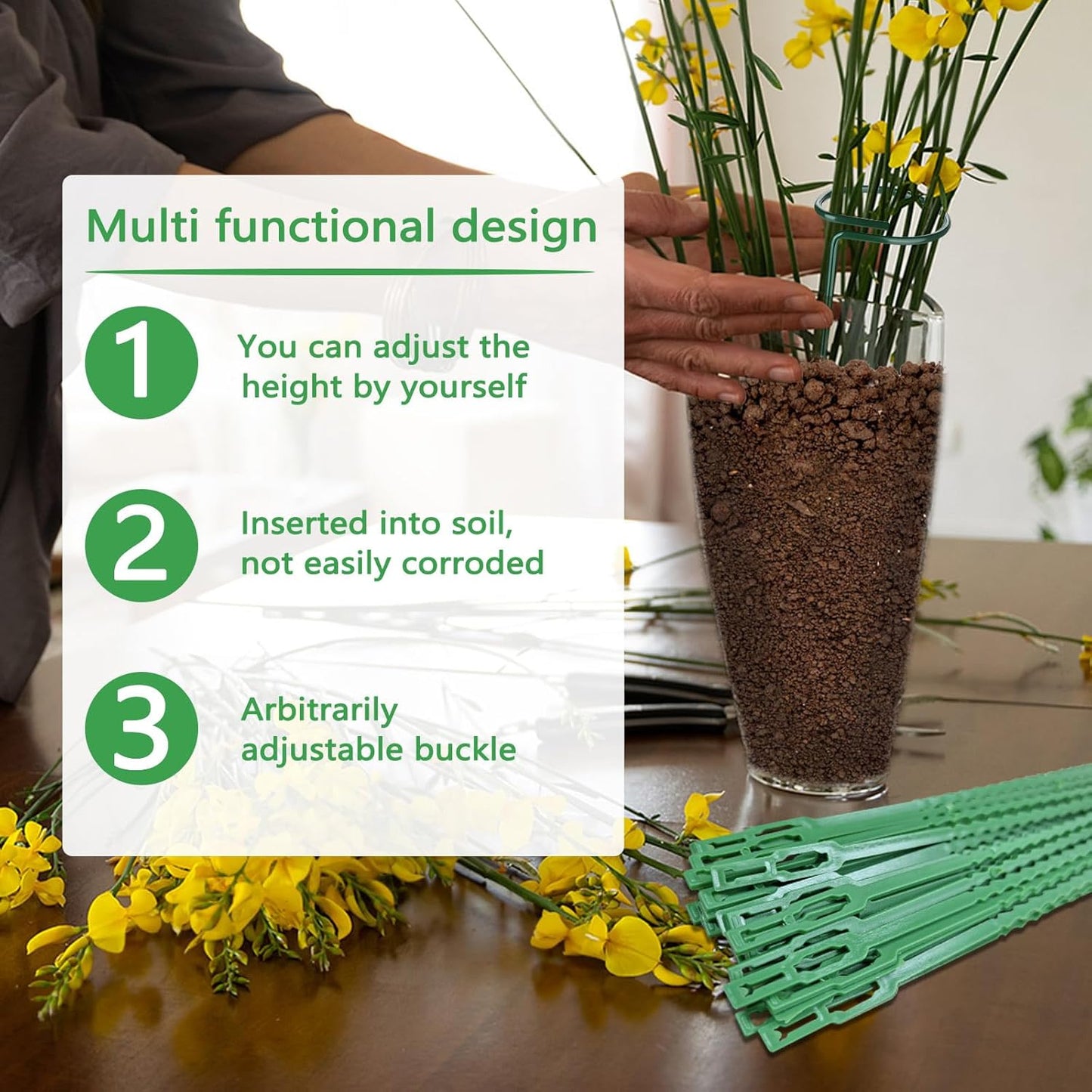 Huakaile 4 Packs Adjustable 35.4" Plant Stakes and Supports with 30 Pieces 9" Twist Ties, Green Plant Holder Stick Outdoor Indoor, Metal Flower Support Stakes Rings for Gardens Vegetables (90 cm)