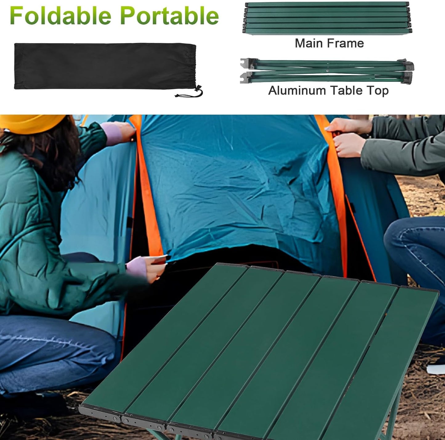 Tesouro Portable Camping Table,Folding Side Table Aluminum Top for Outdoor Cooking, Hiking, Travel, Picnic (Blackish Green-Large)